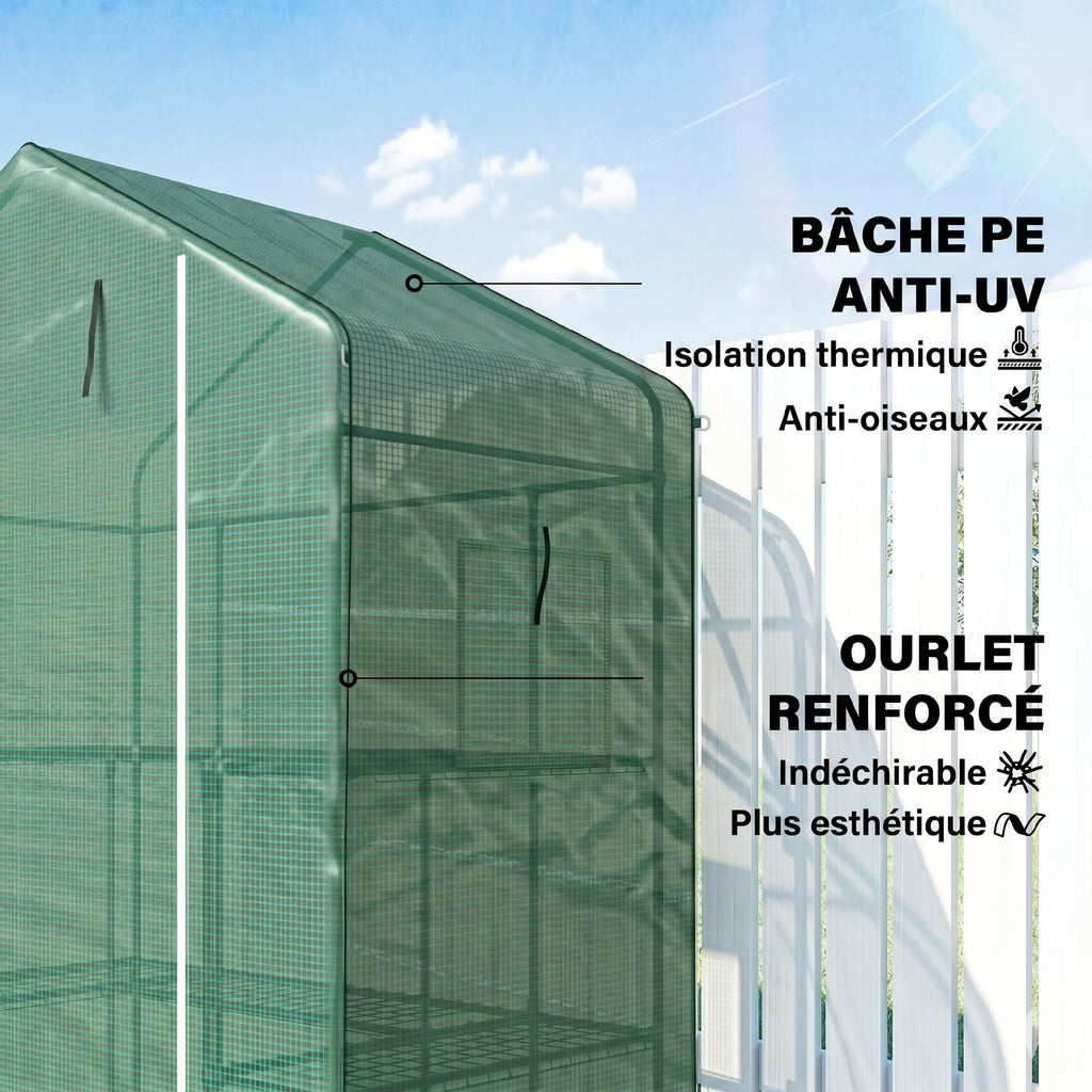 Serre de jardin avec 1 porte, 2 fenetres et 2 étagères en forme de U pour Légumes Plantes Fleurs Bâche PE 140x73x190 cm-4