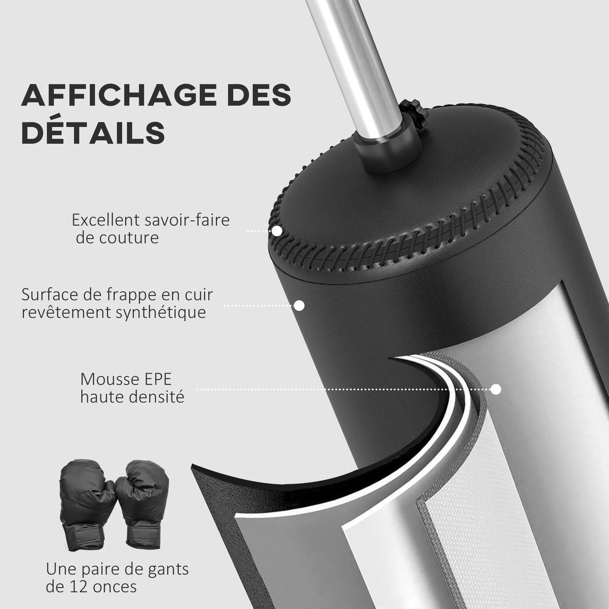 Sac de frappe boxe sur pieds punching ball brunier 3 en 1 avec ballon de vitesse bras flexible rotatif hauteur réglable-4