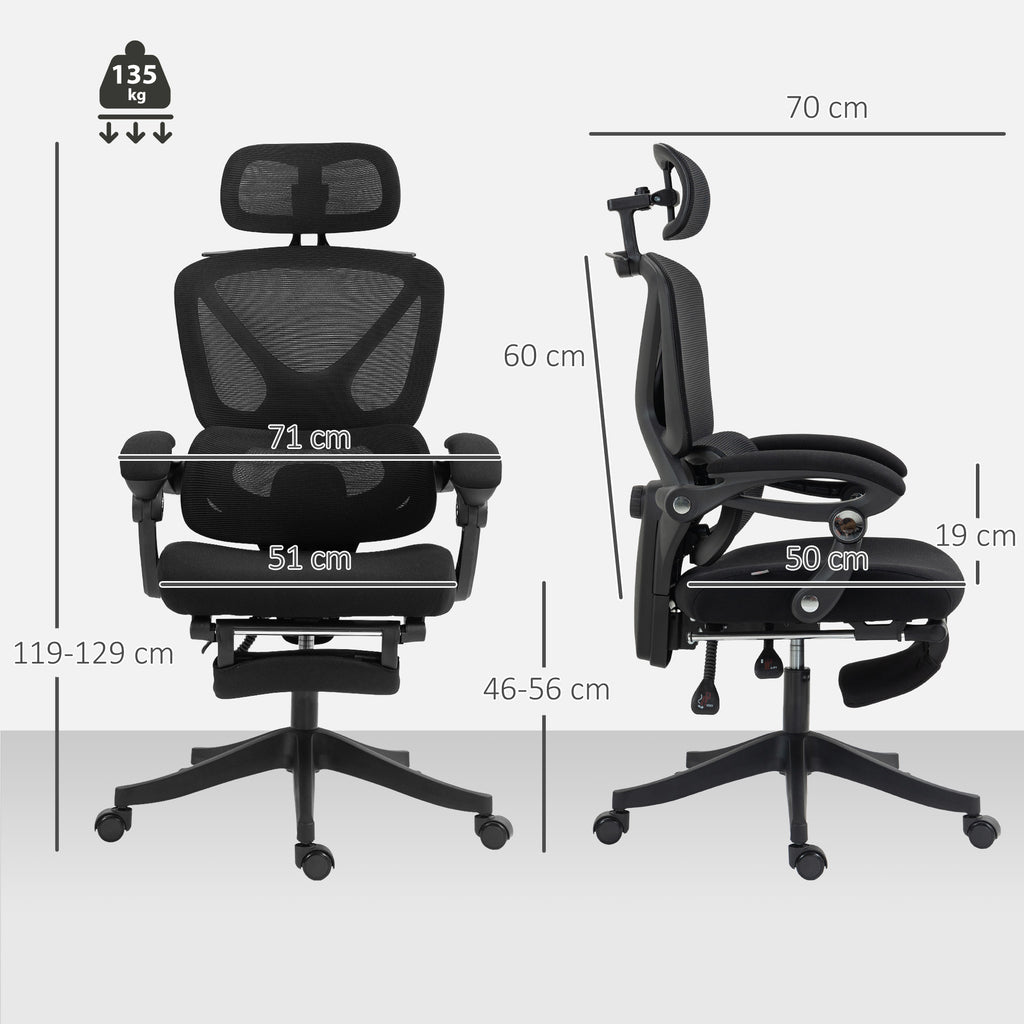 Chaise Bureau Ergonomique avec Appui-Tête Réglable, Fauteuil de Bureau Inclinable en Maille, Dossier Séparé, Noir-2