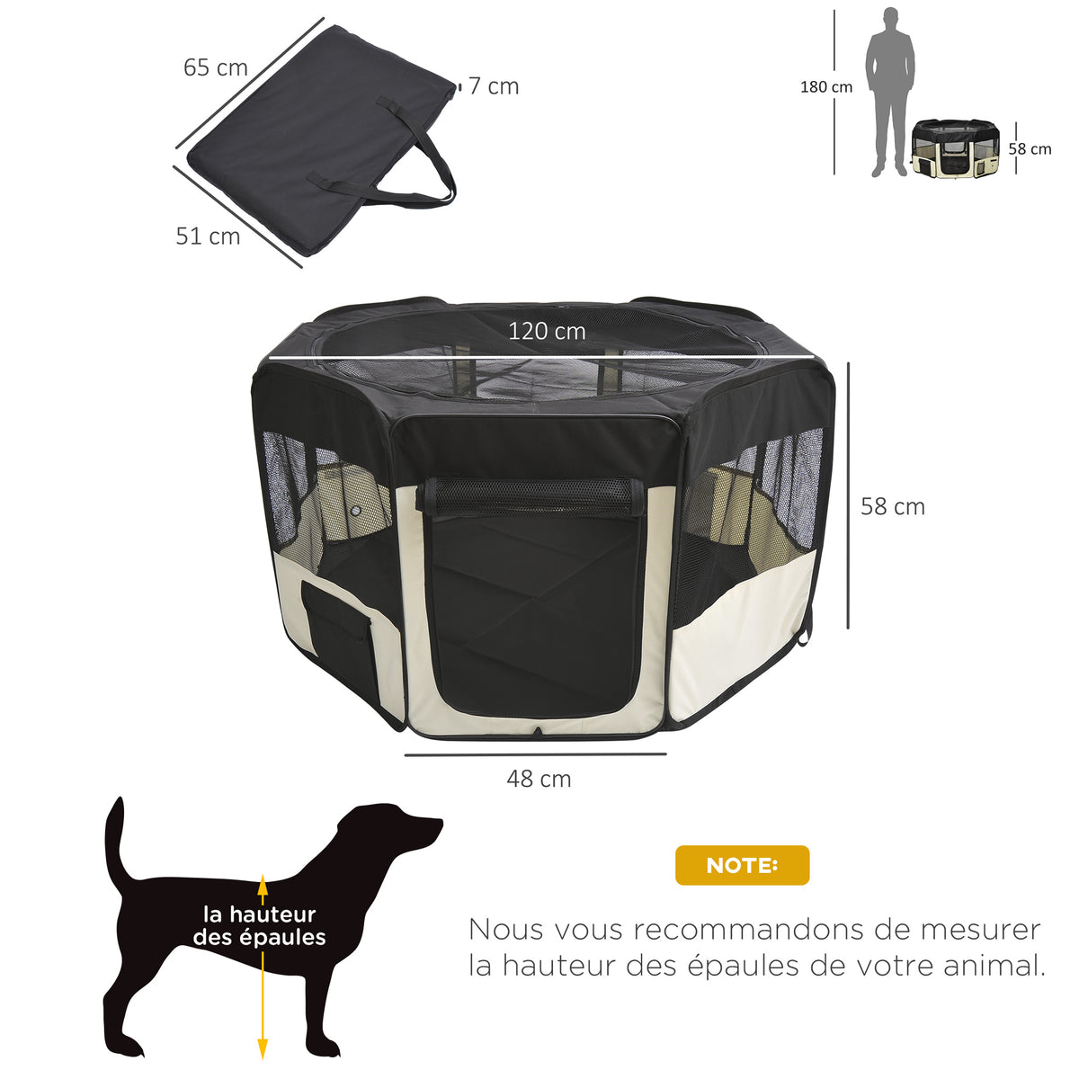 Parc enclos pliable pour chien chat petits animaux octogonal en tissu Oxford et acier - Ø 120 x 58H cm - noir et crème-2