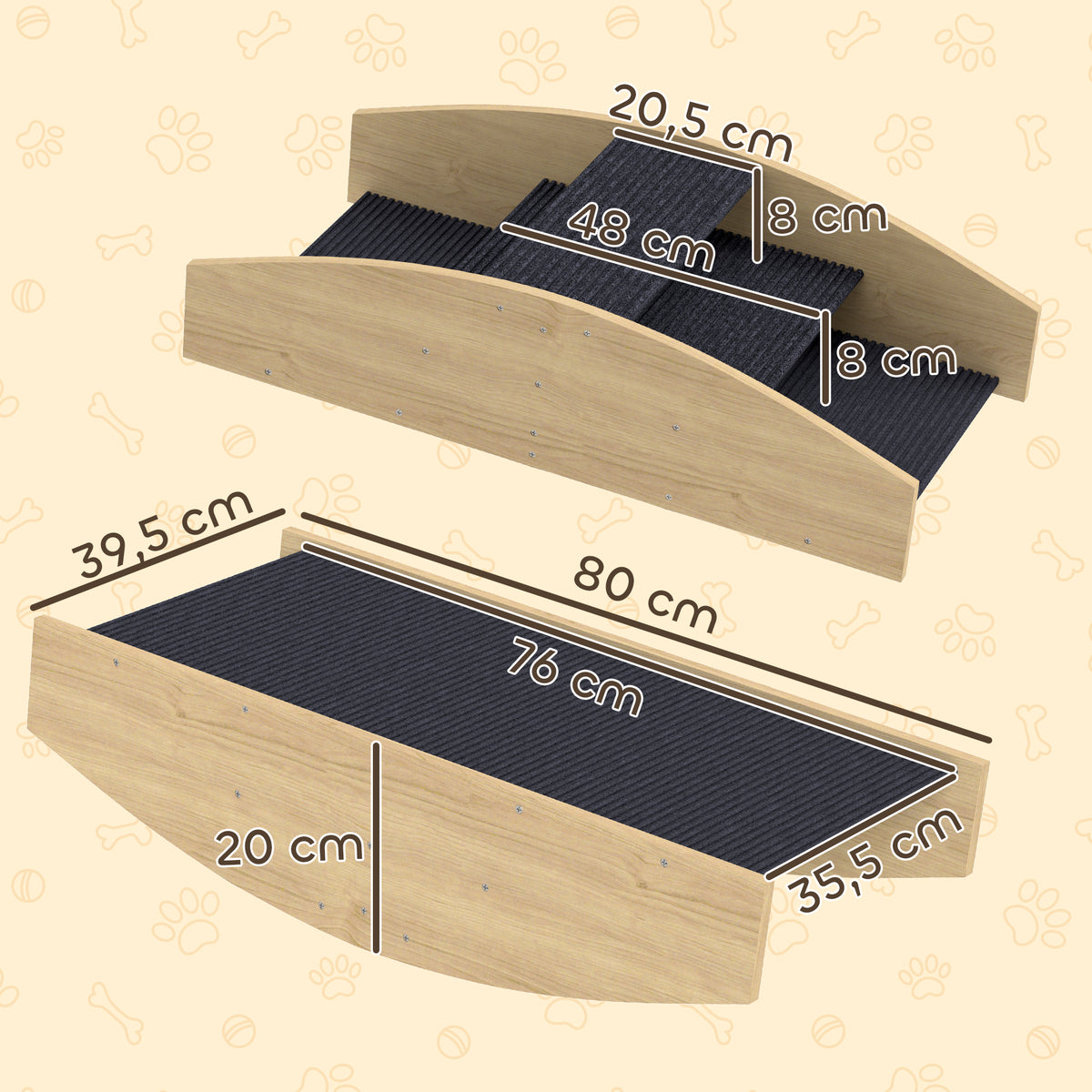 Bascule Chien Agility Réversible 2-en-1 Escalier pour Chien 3 Marches en Bois 80x39,5x20cm, Bois Naturel-2