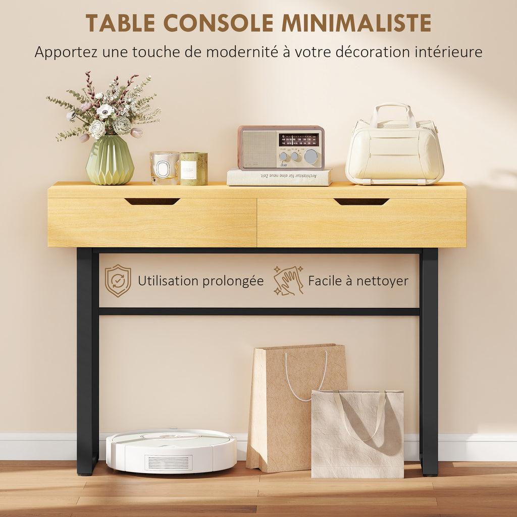 Console meuble 110 cm, table console étroite avec 2 tiroirs, cadre en métal et design sans poignées, bois naturel-3