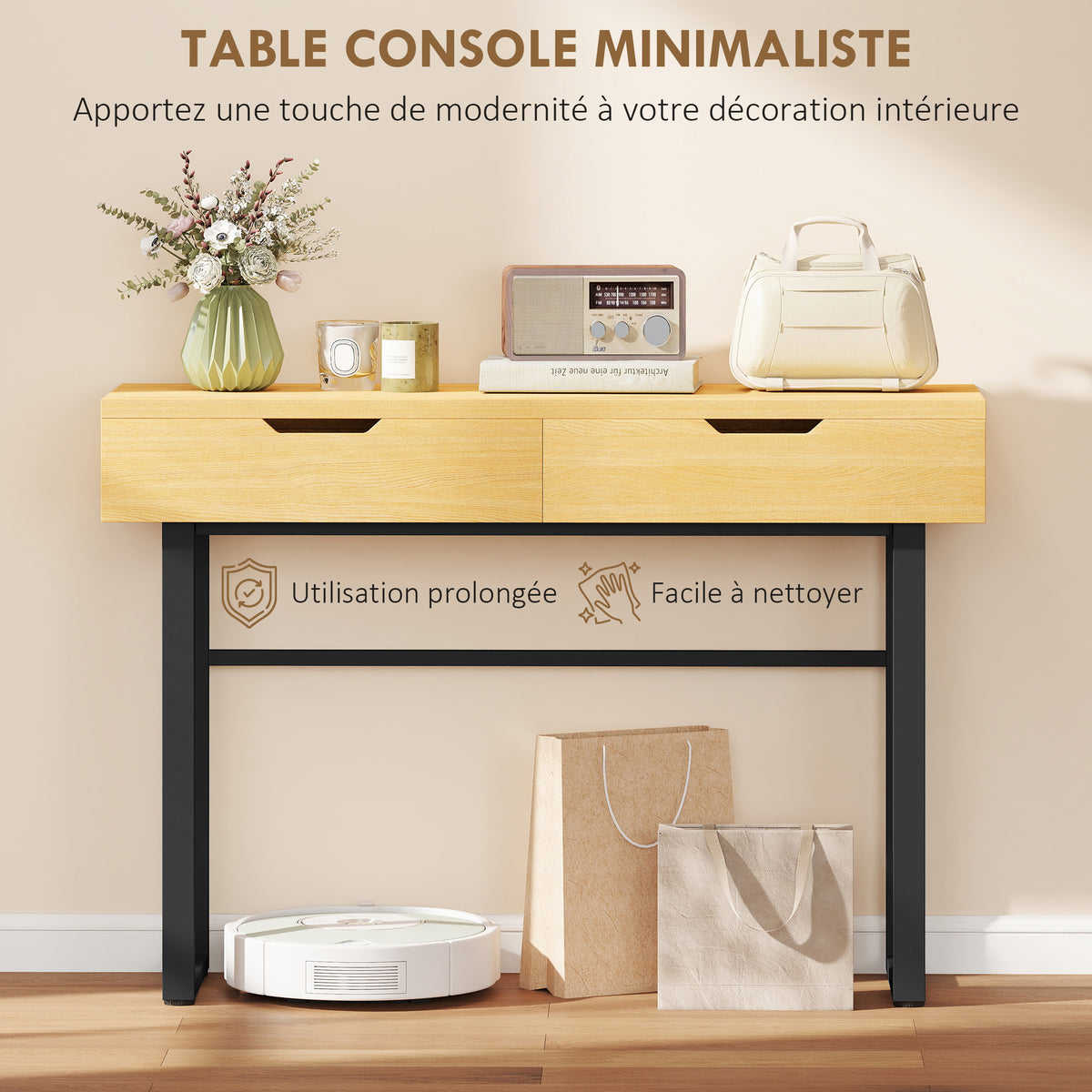Console meuble 110 cm, table console étroite avec 2 tiroirs, cadre en métal et design sans poignées, bois naturel-3