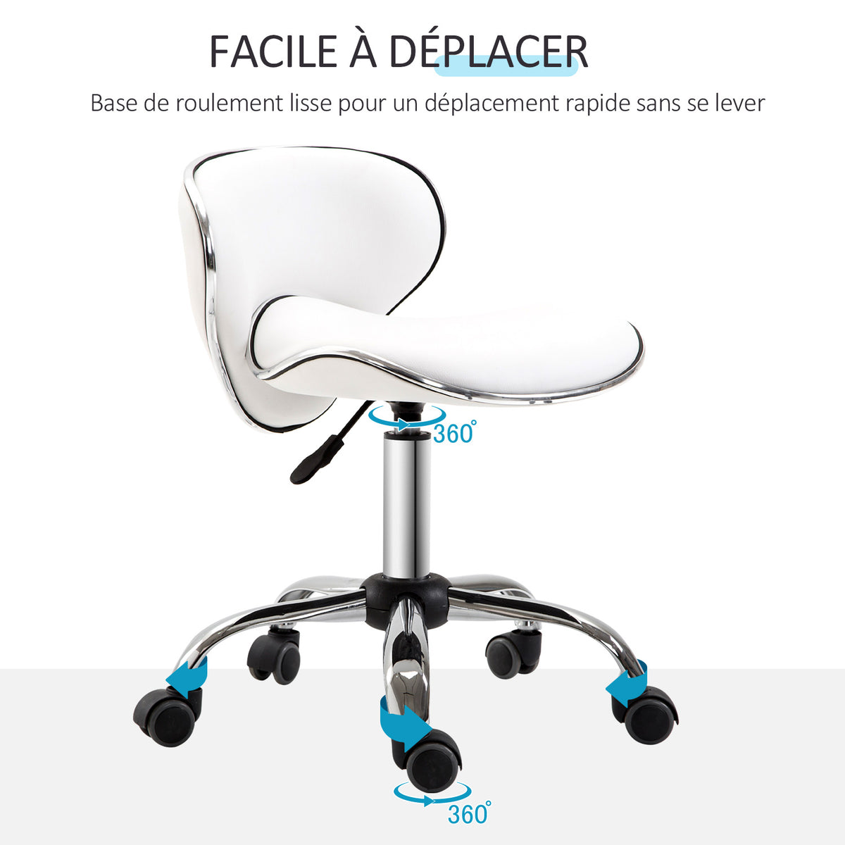 Tabouret à roulettes tabouret de travail avec hauteur réglable 44-56 cm et dossier, pivotant 360°, blanc-4