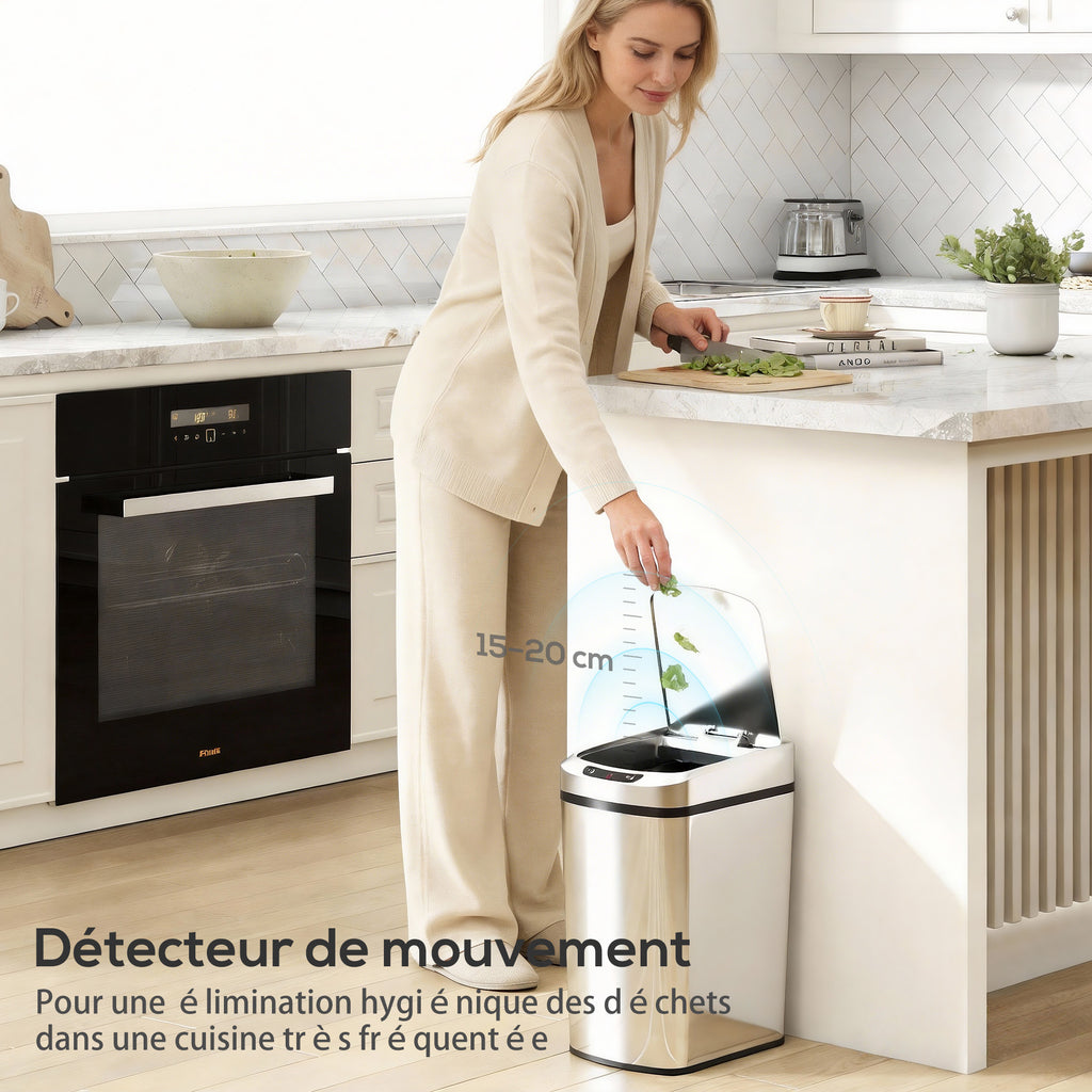 Poubelle de cuisine automatique 12 L en acier inoxydable, poubelle à capteur avec couvercle, 28 x 22 x 41 cm, argent-3
