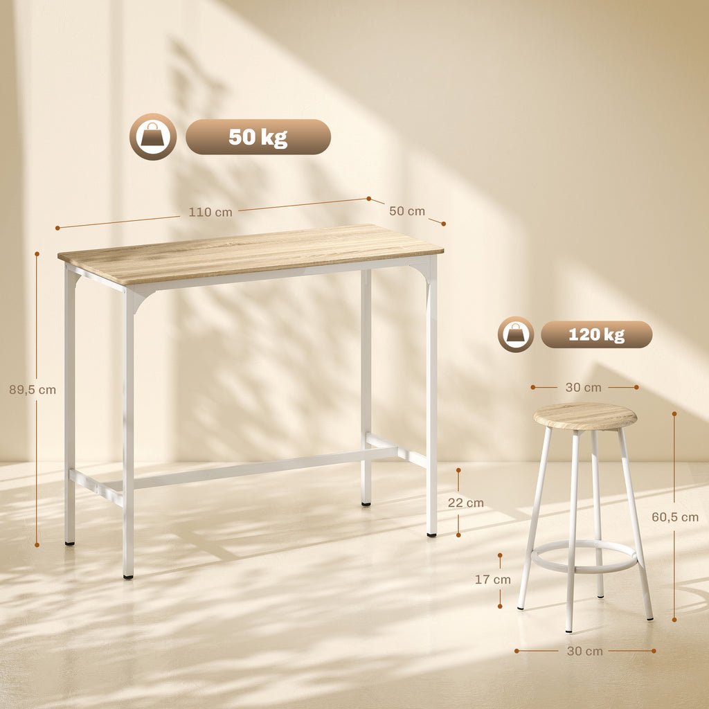 Ensemble table haute et 4 tabourets avec Repose-Pieds style moderne, structutre en métal effet bois naturel-2