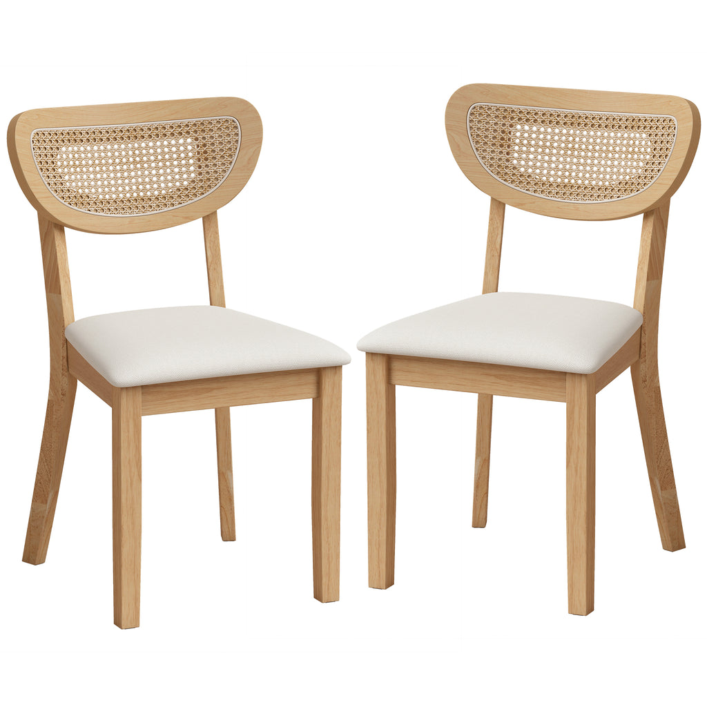 Lot de 2 Chaises de Salle à Manger, Chaises de Cuisine Rembourrées en Lin, Dossier à Effet Rotin et Pieds d'Hévéa, Beige-0