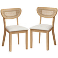 Lot de 2 Chaises de Salle à Manger, Chaises de Cuisine Rembourrées en Lin, Dossier à Effet Rotin et Pieds d'Hévéa, Beige-0