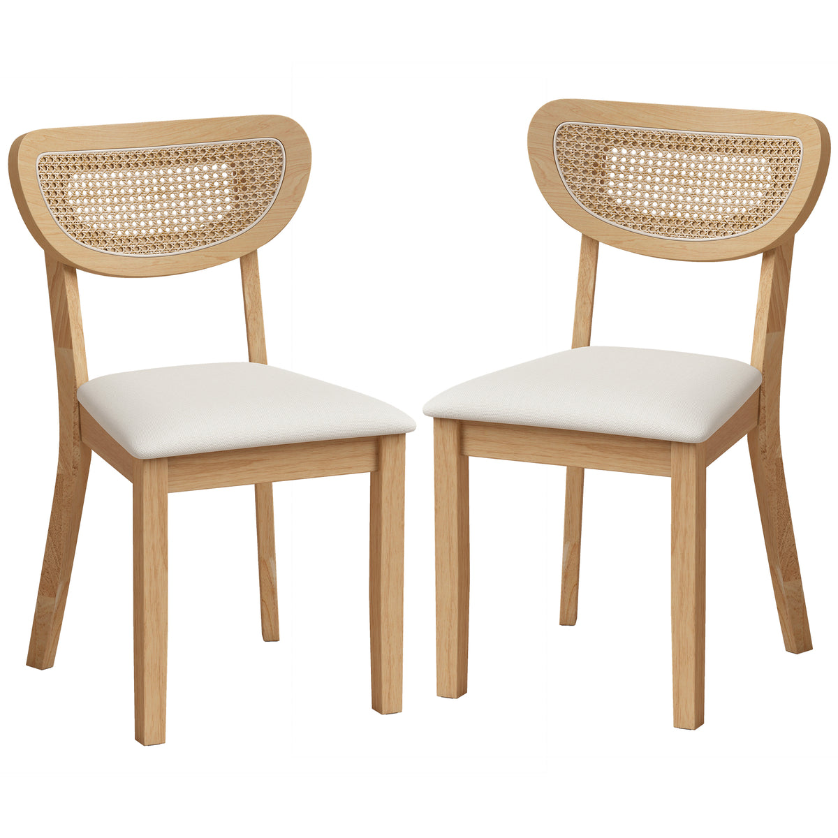 Lot de 2 Chaises de Salle à Manger, Chaises de Cuisine Rembourrées en Lin, Dossier à Effet Rotin et Pieds d'Hévéa, Beige-0