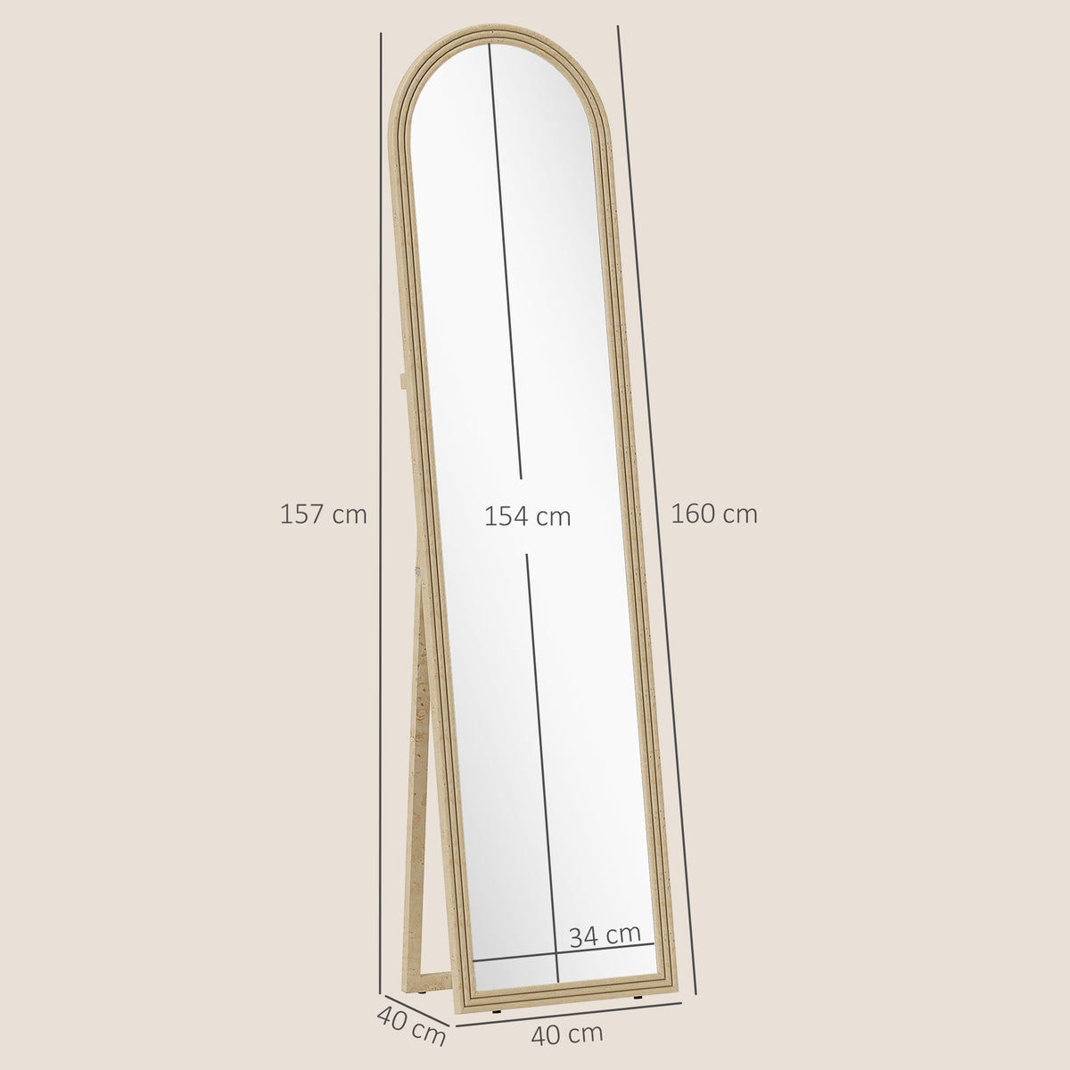 Miroir de sol arqué pleine longueur miroir sur pied cadre en effet imitation pierre pour salon chambre 40 x 160 cm beige-2