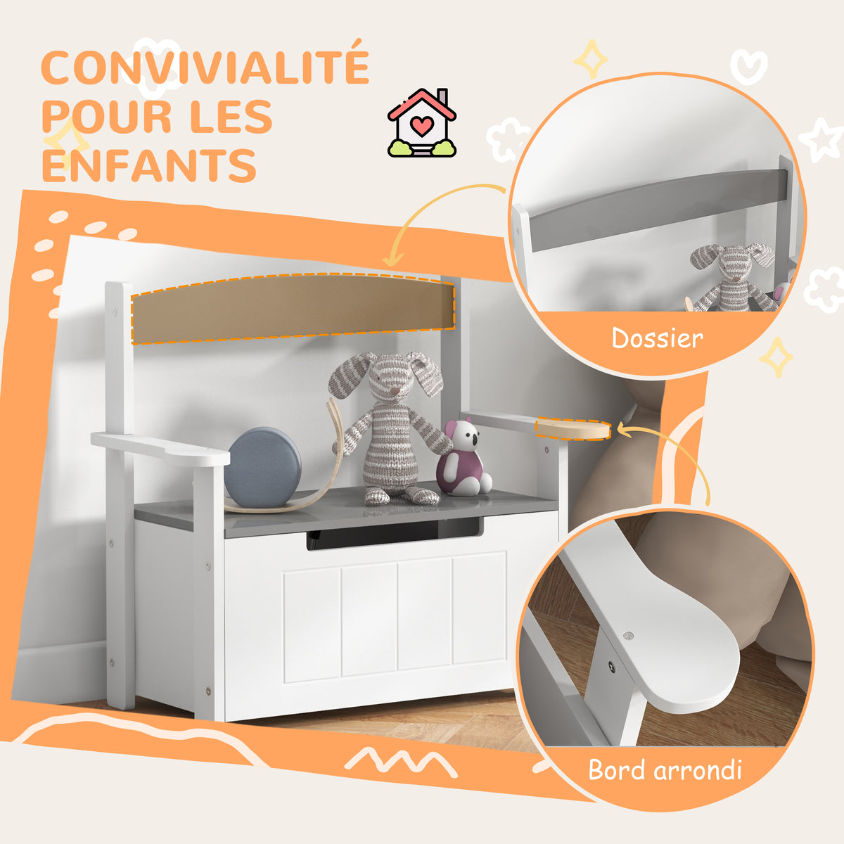 Coffre à jouets pour enfants 2 en 1 et banc avec dossier et accoudoirs - vérin pneumatique 68,5L x 34l x 58H cm-4