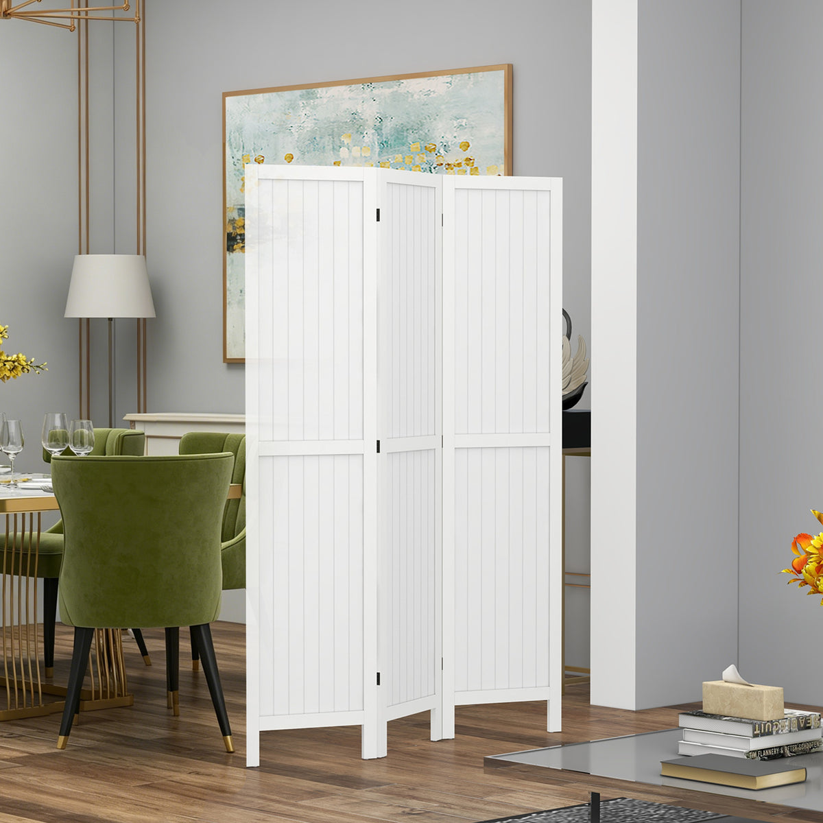 Paravent en bois séparateur de pièce closion intérieur pliable 3 panneaux en bois 120 x 170 cm blanc-1