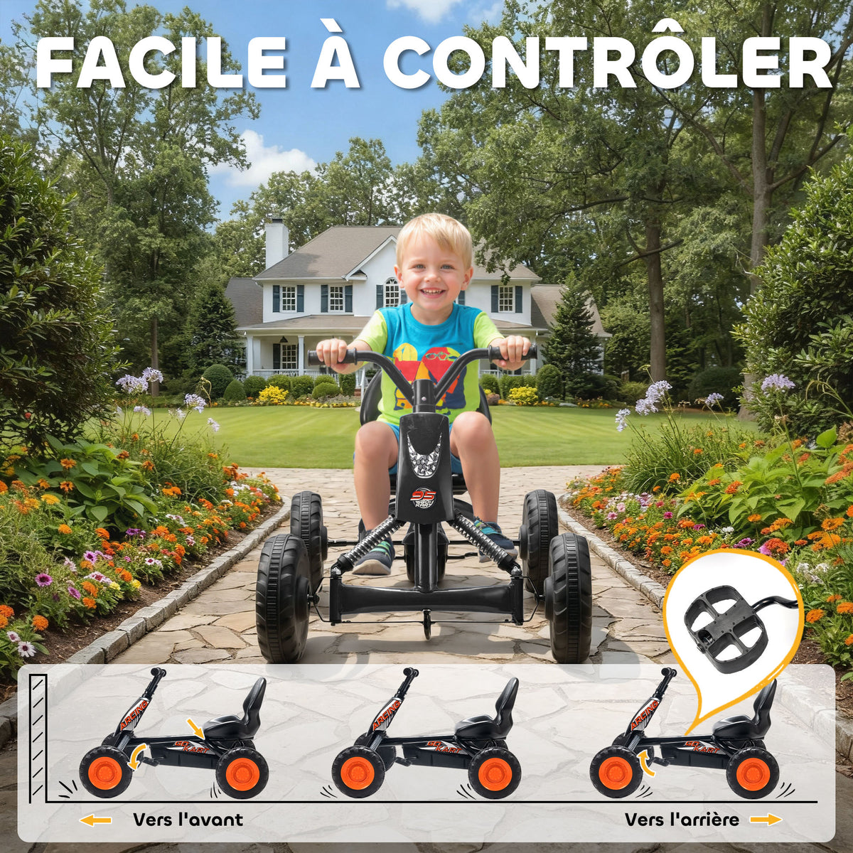 Kart à pédales pour enfants, karting enfant, avancer et reculer, pour garçons filles de 2-5 ans, 84x54x56 cm, noir-4