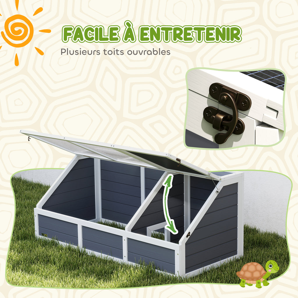 Maison enclos cage pour petit animal tortue en bois avec couvercle ouvrable, loquets, 2 espaces distincts, gris-6