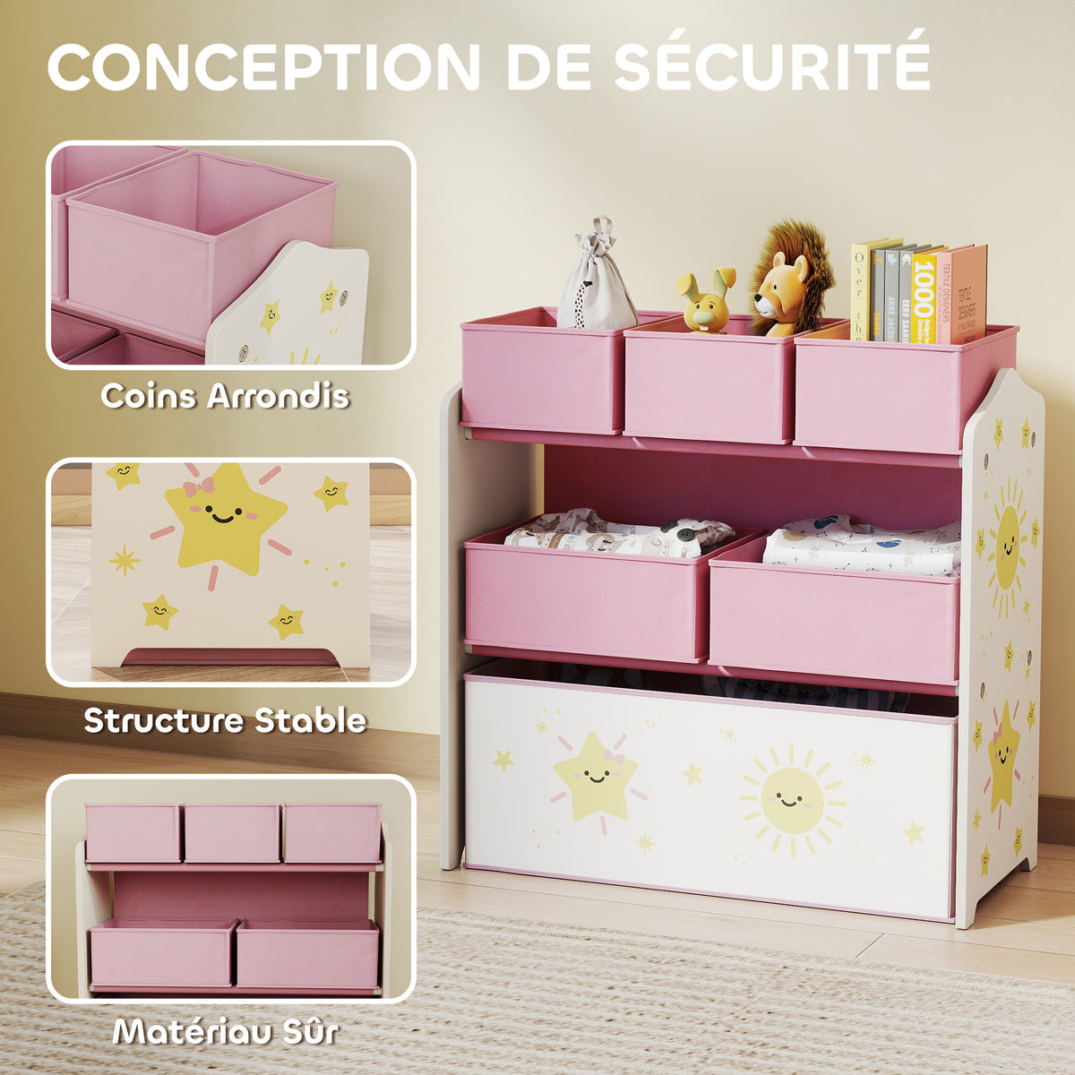 Meuble rangement enfant à 3 niveaux, étagère de rangement pour jouets enfants avec 6 boîtes en tissu amovibles, rose-4