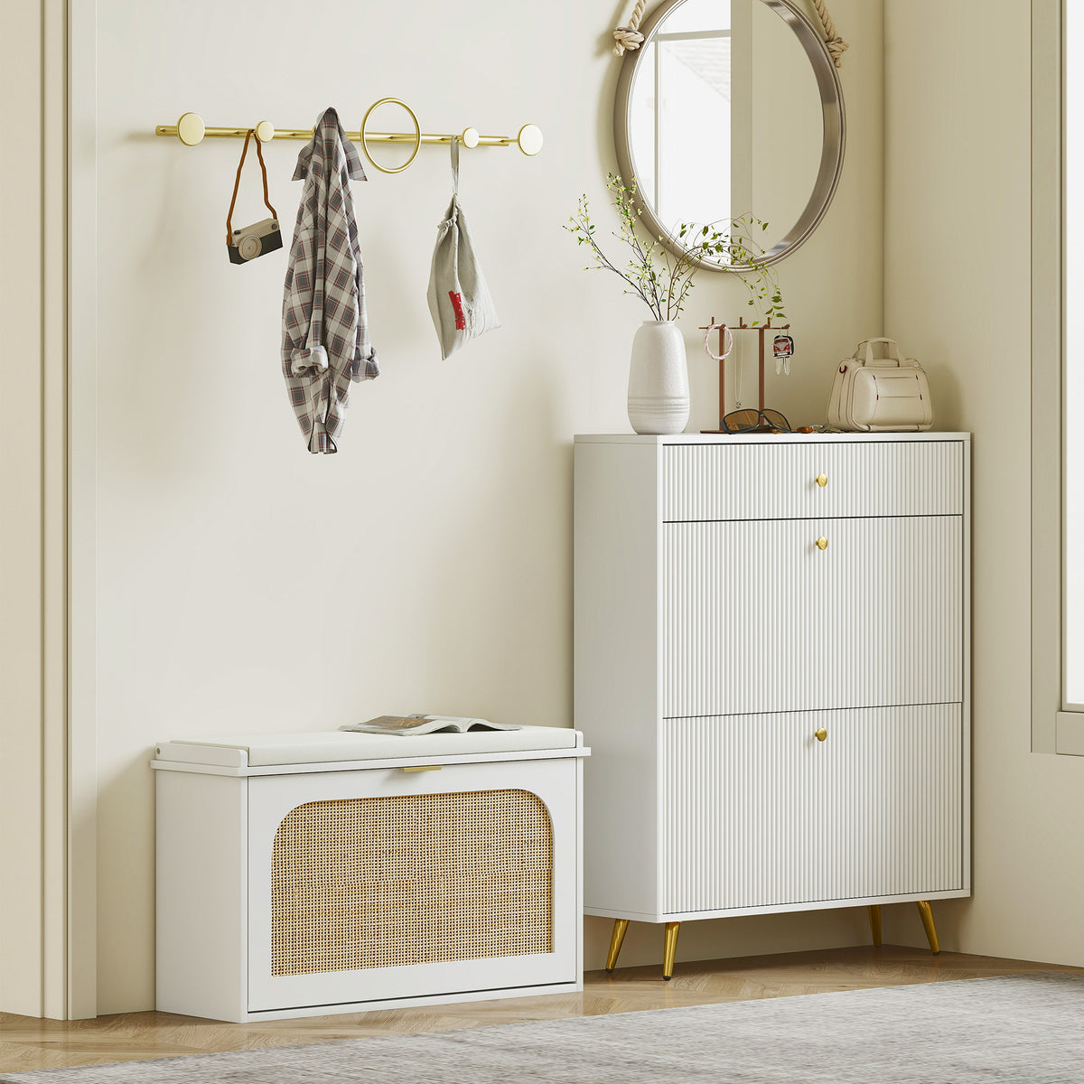 Banc à chaussures, banc de rangement, assise rembourrée, tiroir rabattable, porte en rotin, 80 x 26 x 47,5 cm, blanc-7