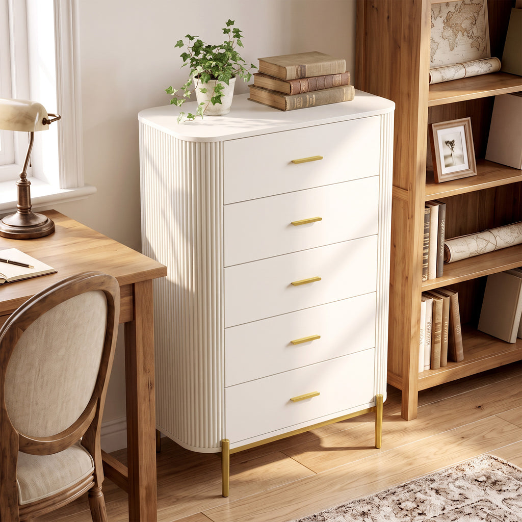 Commode 5 Tiroirs, Meuble de Rangement avec Façades Rainurées et Pieds en Métal, Style Moderne, 90x44x120cm, Gris Clair-5