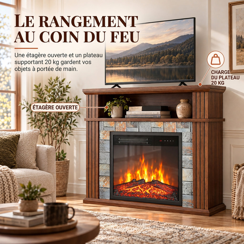 Cheminée Électrique 1800 W, Effet Flamme LED Réaliste, Compartiment Ouvert, 5 Niveaux de Luminosité, Manteau, Marron-3