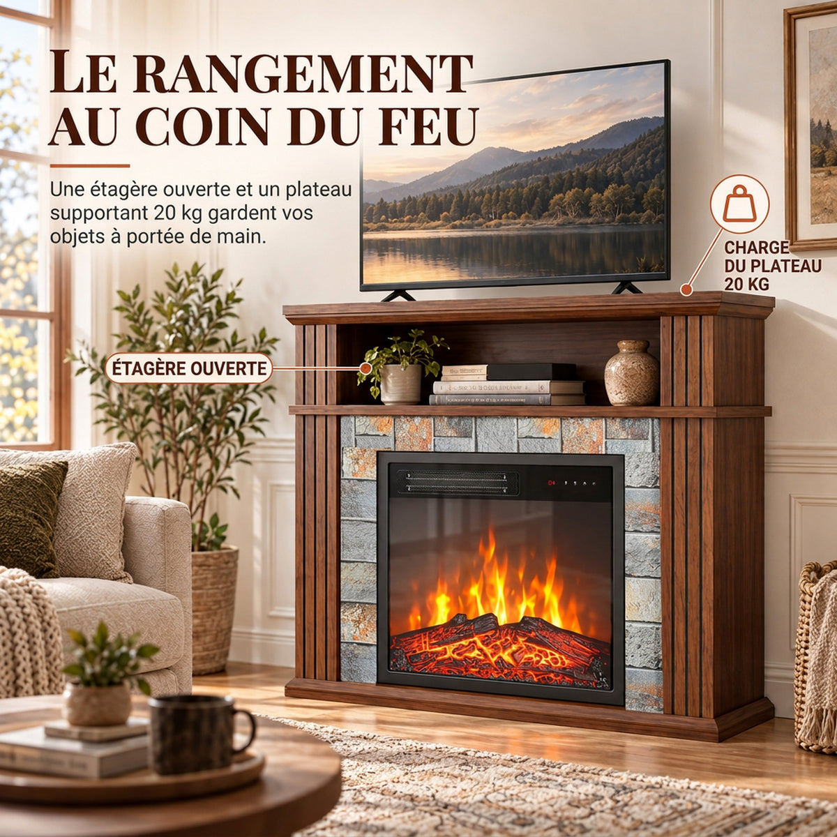 Cheminée Électrique 1800 W, Effet Flamme LED Réaliste, Compartiment Ouvert, 5 Niveaux de Luminosité, Manteau, Marron-3