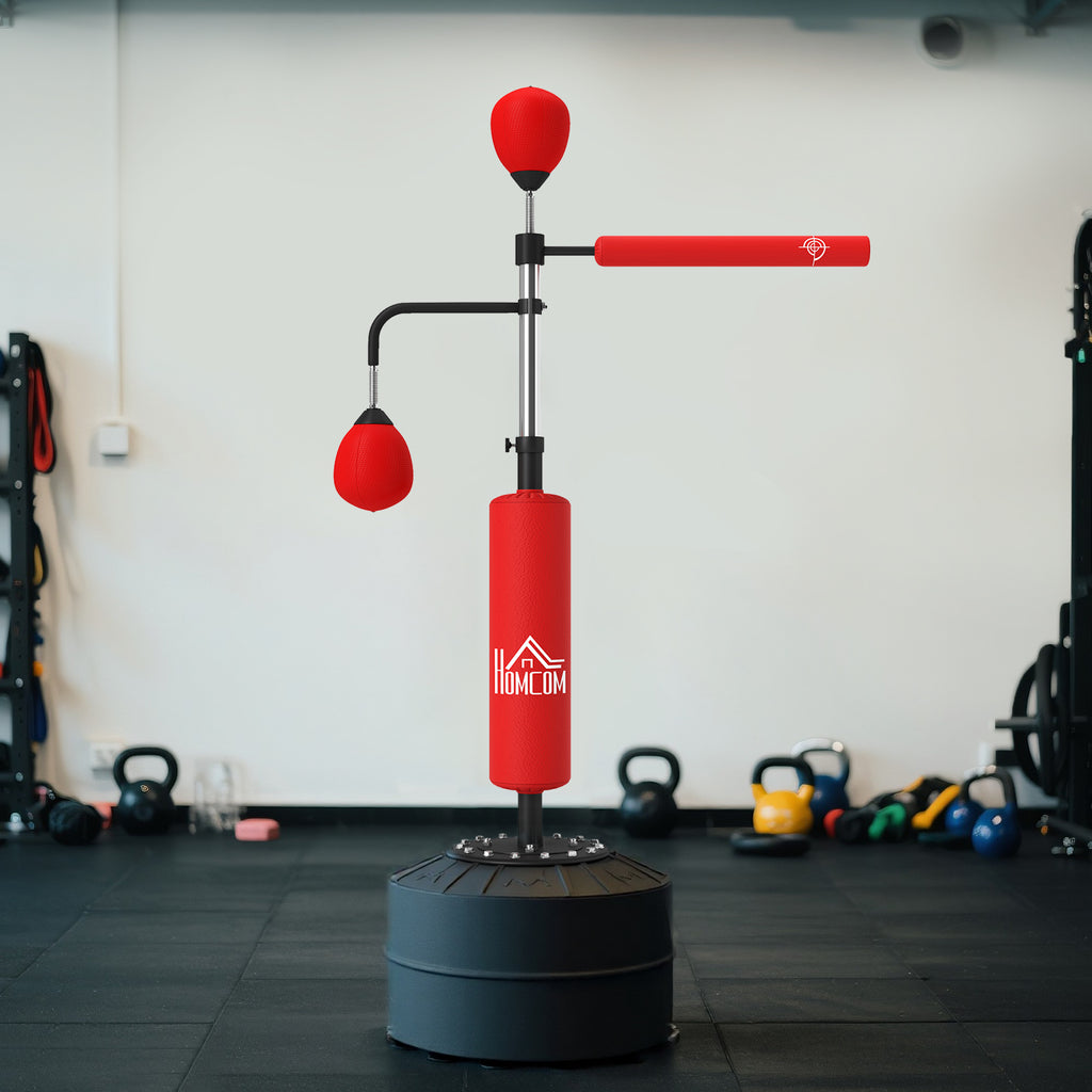 Sac de frappe sur pied 4 en 1 punching ball autonome balles de vitesse barre rotative gants 88 x 50 x 160-230 cm rouge-8