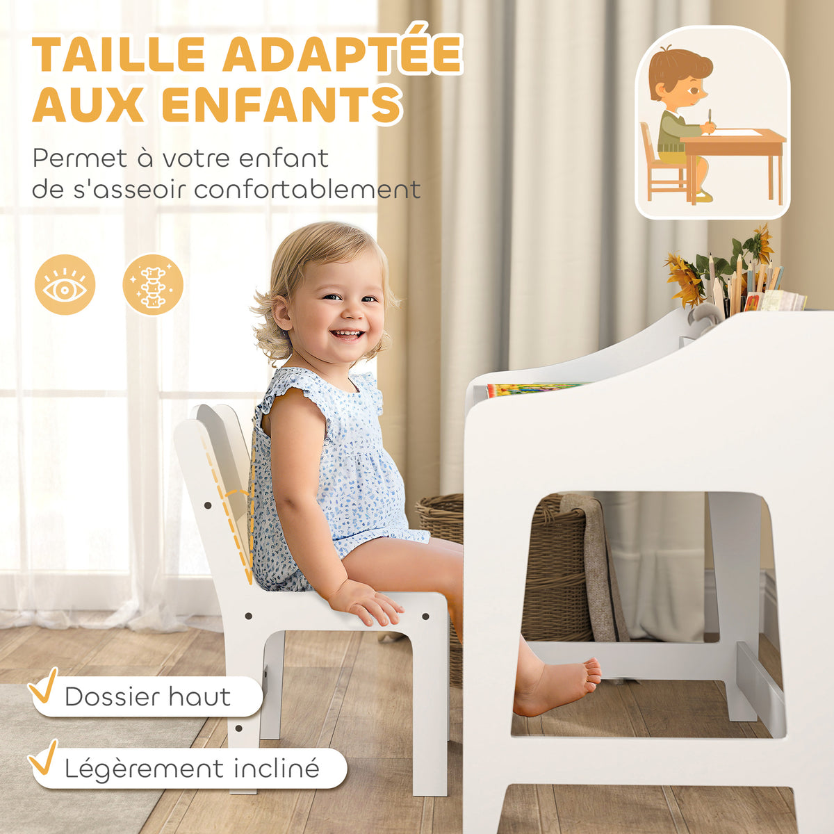 Ensemble bureau et chaise pour enfant 3 à 8 ans avec compartiments et étagères ouverts, blanc-5