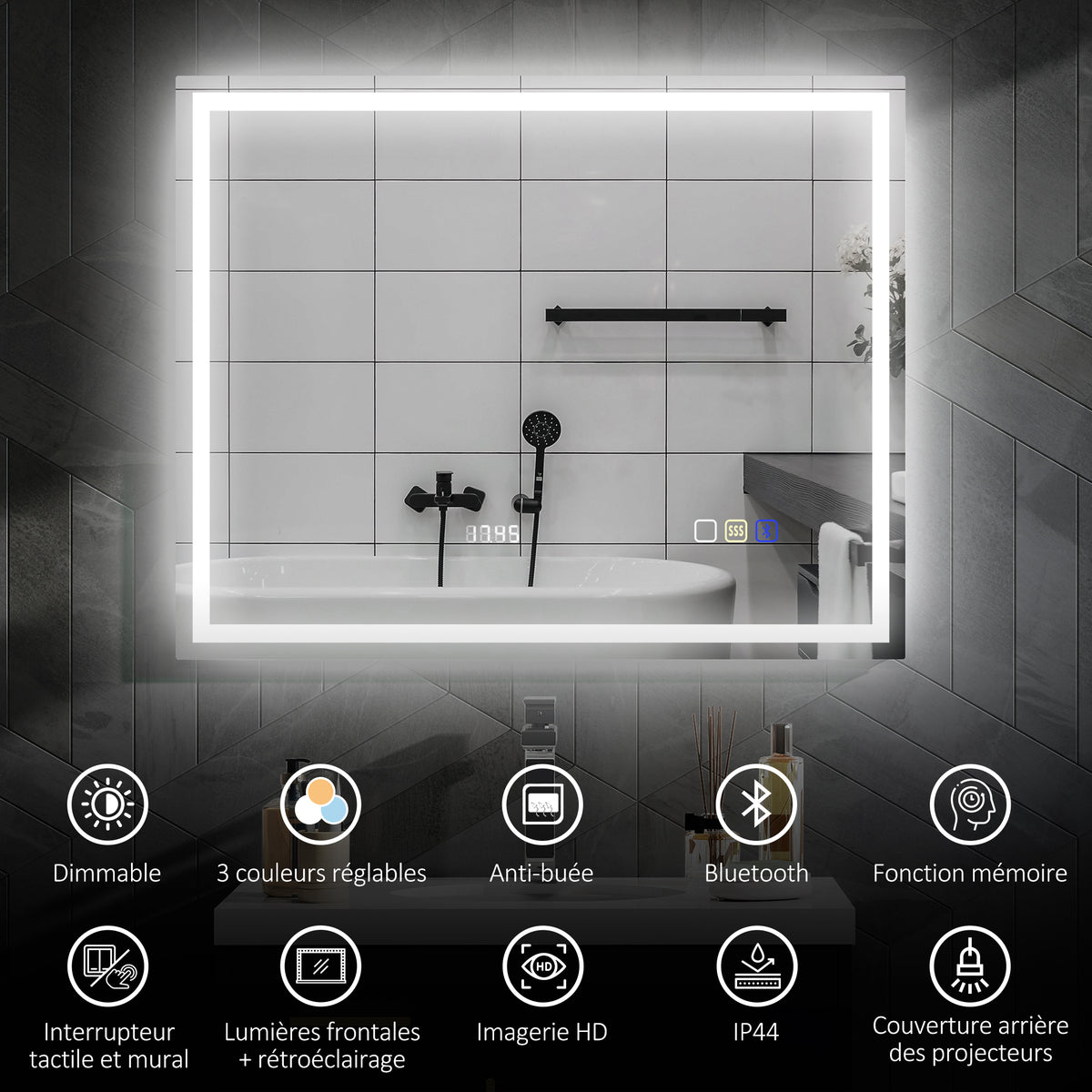 Miroir salle de bain LED bluetooth 80 x 100 cm interrupteur tactile lumière réglable 3 couleurs anti-buée mémoire argent-3
