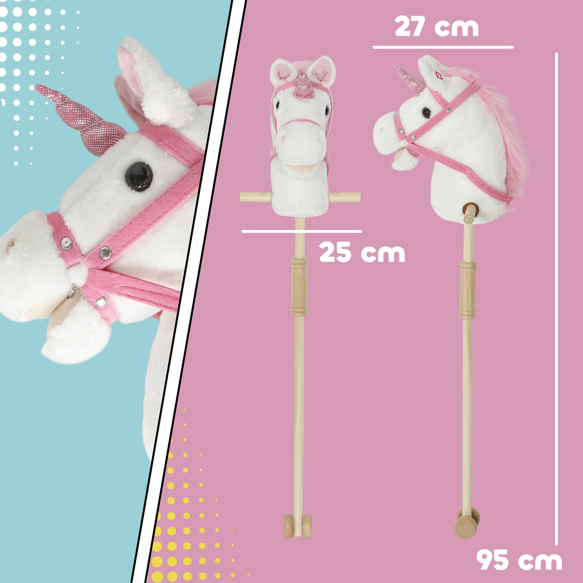 Cheval Bâton pour Enfants de 1+ Ans - Hobby Horse 95 cm, Roues, Sons Réalistes, Tête Légère en Mousse, Blanc-2