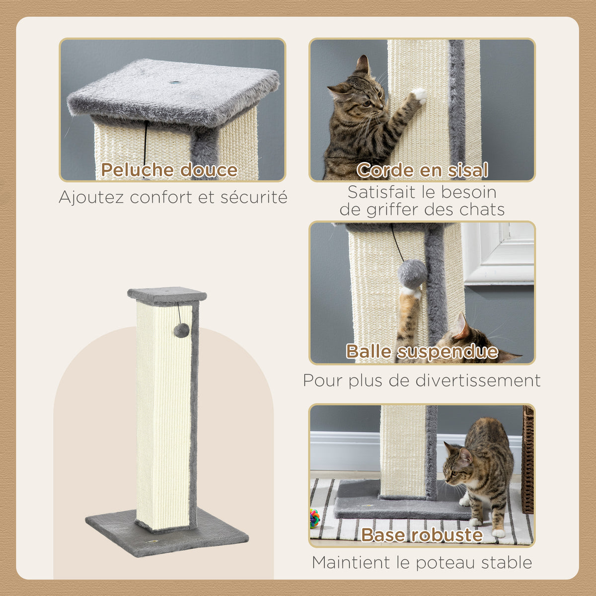 Griffoir pour chat poteau griffoir chat en sisal et peluche, boule suspendue base stable 41 x 41 x 81 cm gris et crème-4