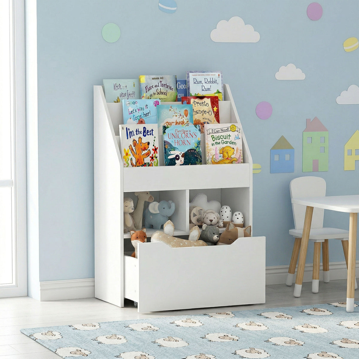 Bibliothèque étagère Multi-Rangement 3 étagères 2 niches Grand tiroir en bois Blanc-9