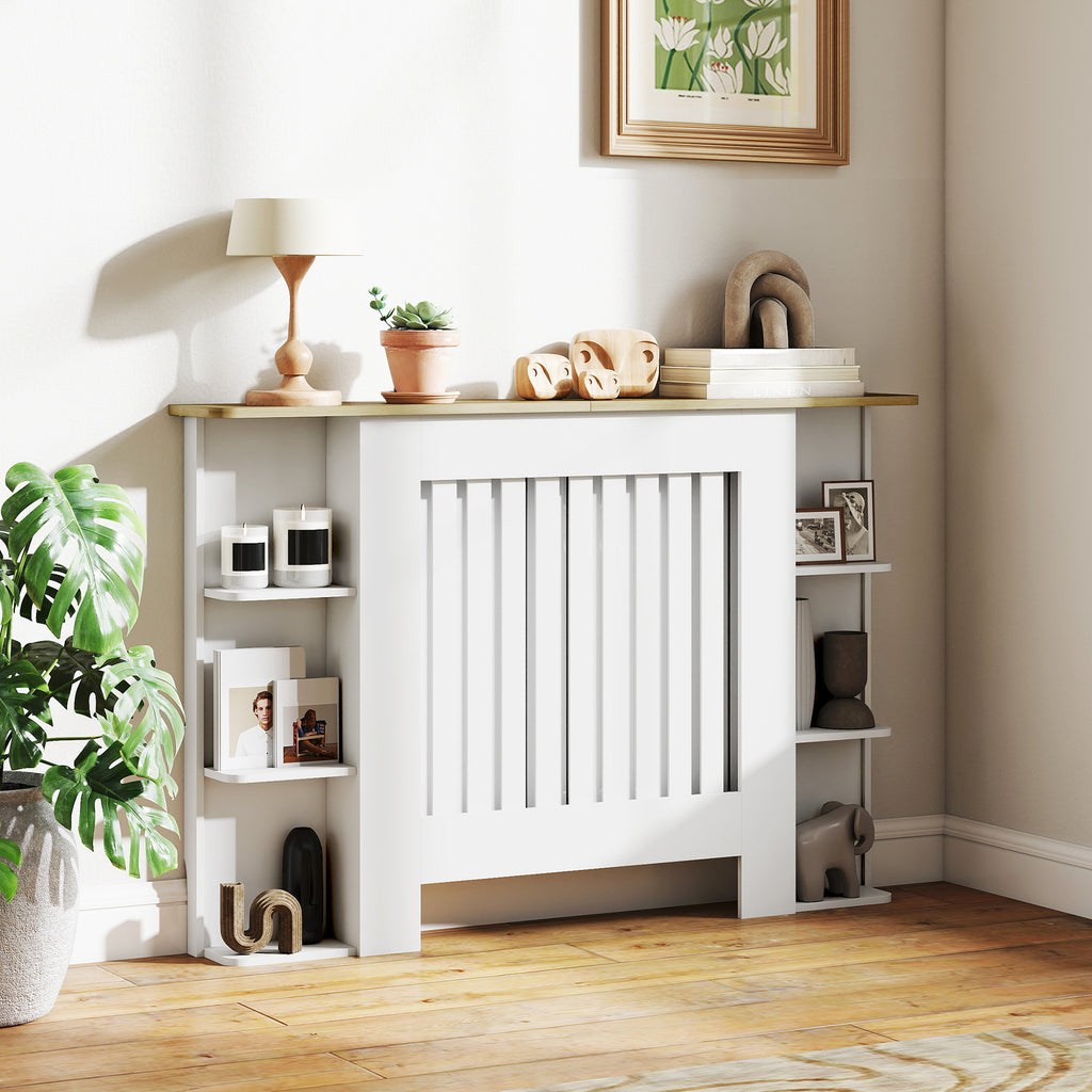 Cache-radiateur avec étagères de rangement ouvertes, couvercle de radiateur en bois à lattes, 124x19x83cm, blanc-9