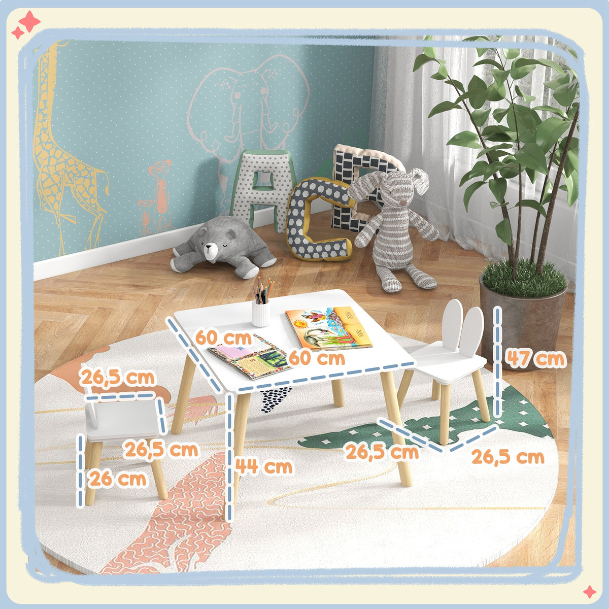 Ensemble table et 2 chaises enfant design scandinave motif oreille de lapin bois pin blanc-2
