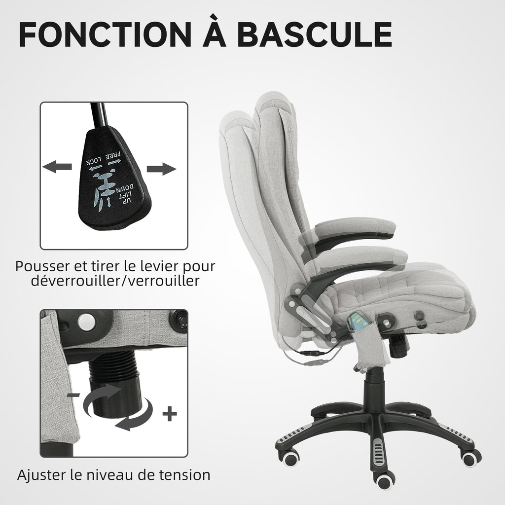 Fauteuil de bureau massant et chauffant chaise de bureau avec hauteur réglable dossier inclinable et télécommande gris-5
