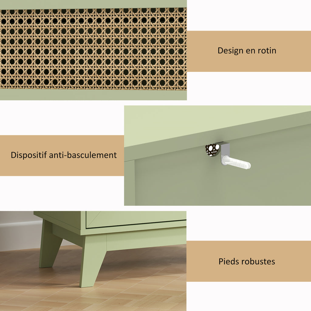 Commode 4 tiroirs meuble de rangement cannage en rotin aspect bois clair 80 x 35 x 95 cm vert-5