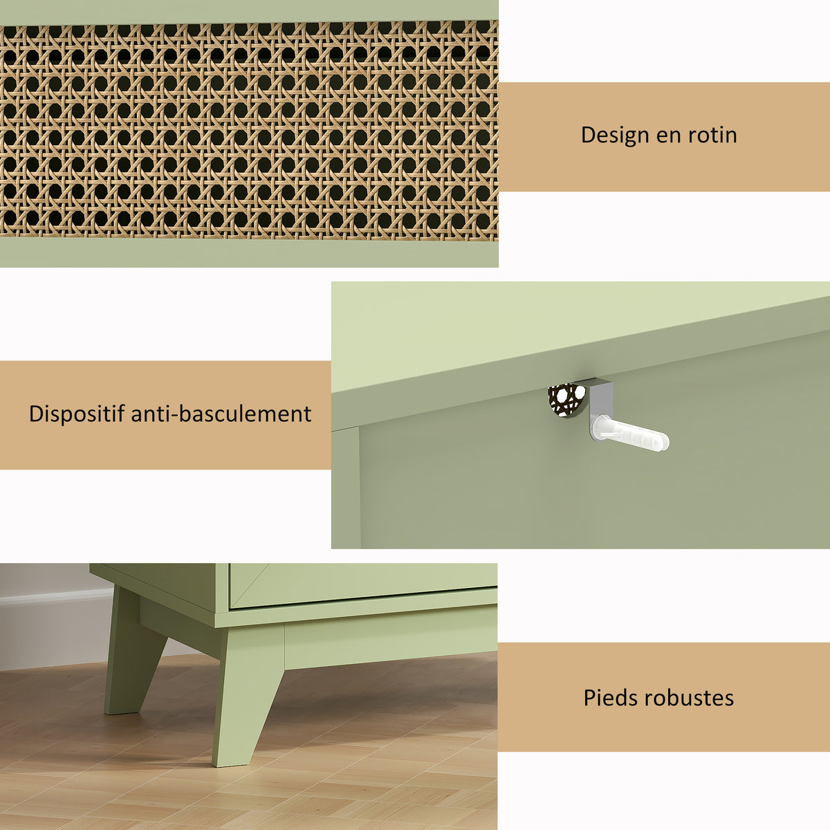 Commode 4 tiroirs meuble de rangement cannage en rotin aspect bois clair 80 x 35 x 95 cm vert-5