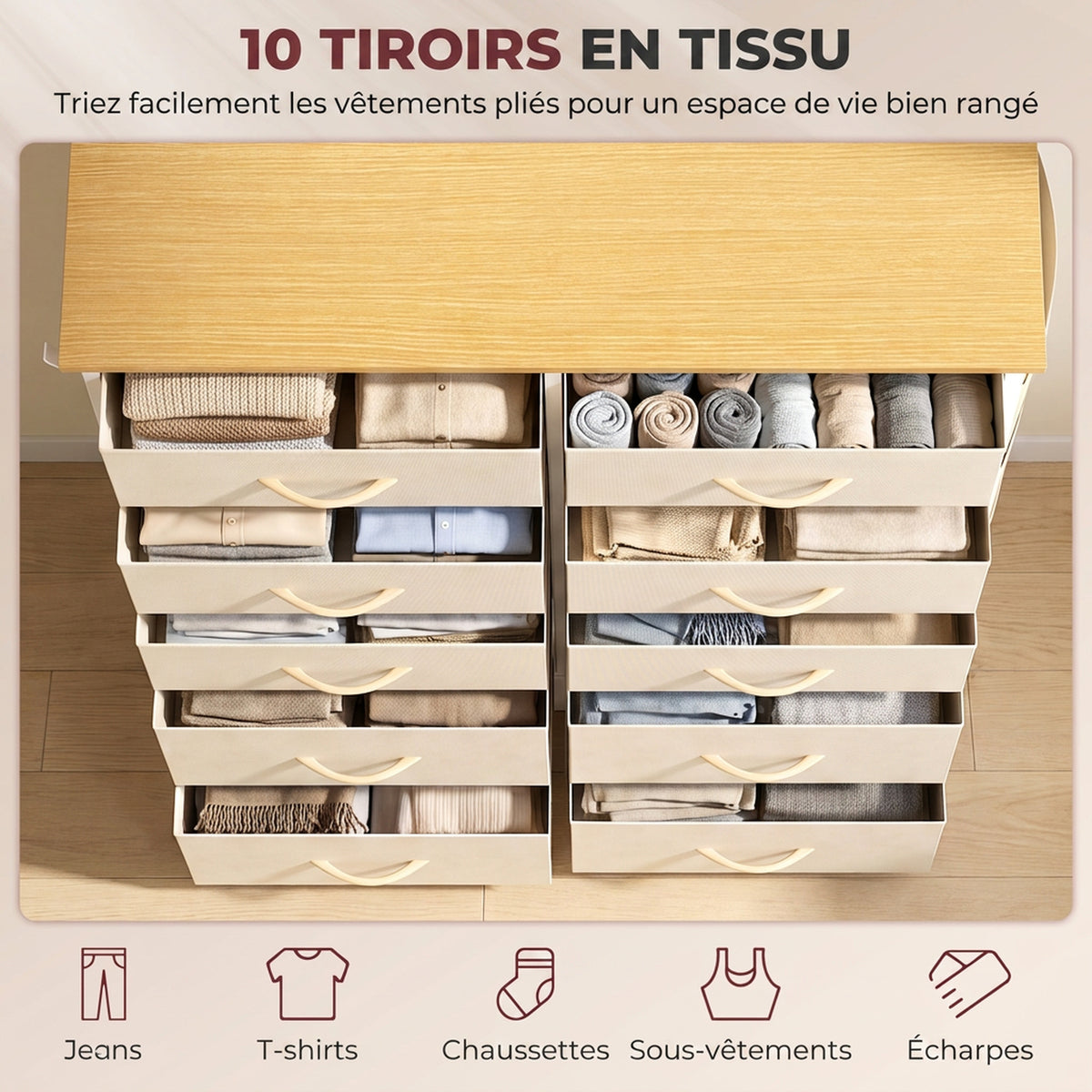 Commode 10 Tiroirs en Tissu, Meuble de Rangement avec 4 Poches, 2 Crochets, Structure en Acier, 80 x 30 x 94,5 cm, Beige-3