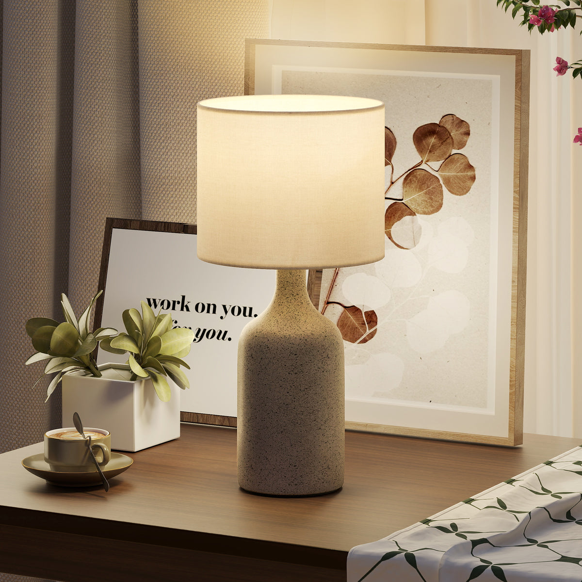 Lampe de Table avec Base en Céramique et Abat-Jour en Lin, Lampe de Chevet Rétro avec Culot E27, Blanc et Sable-9