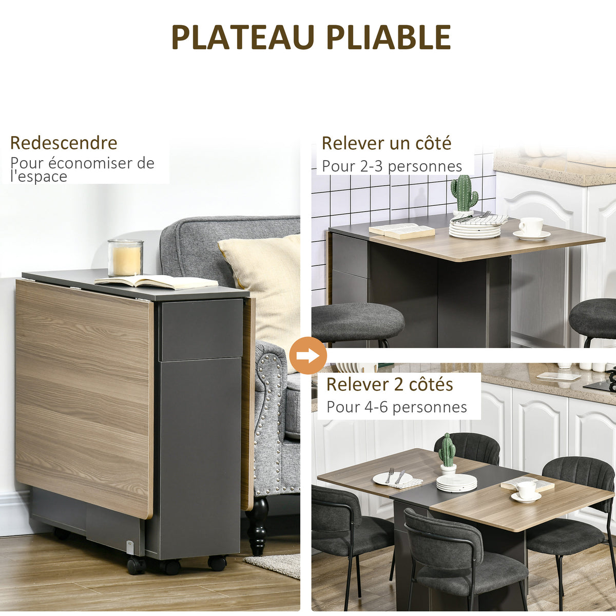 Table de salle à manger pliante sur roulettes avec rangement 2 tiroirs et 1 placard 76 x 140 x 74 cm-4
