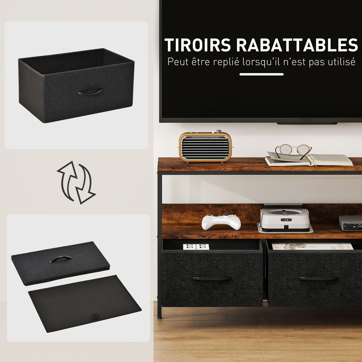 Meuble TV, meuble télé pour téléviseur jusqu'à 55 pouces avec 3 tiroirs et pieds en acier 120 x 29 x 56 cm brun rustique-3