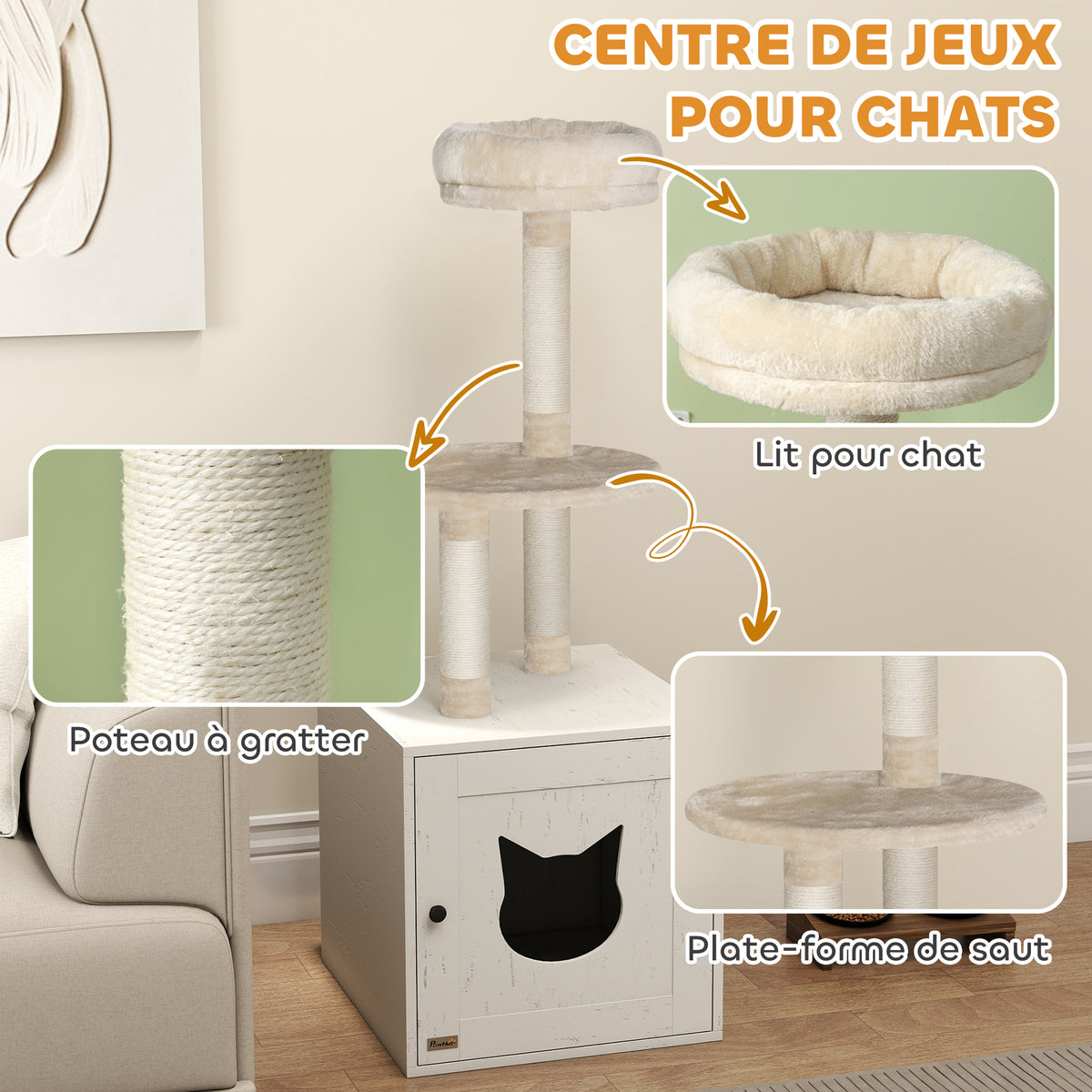 Arbre à chat avec maison de toilettes, tour de jeu 2-en-1 de 129 cm avec cache-litière, poteaux à griffer, crème-5