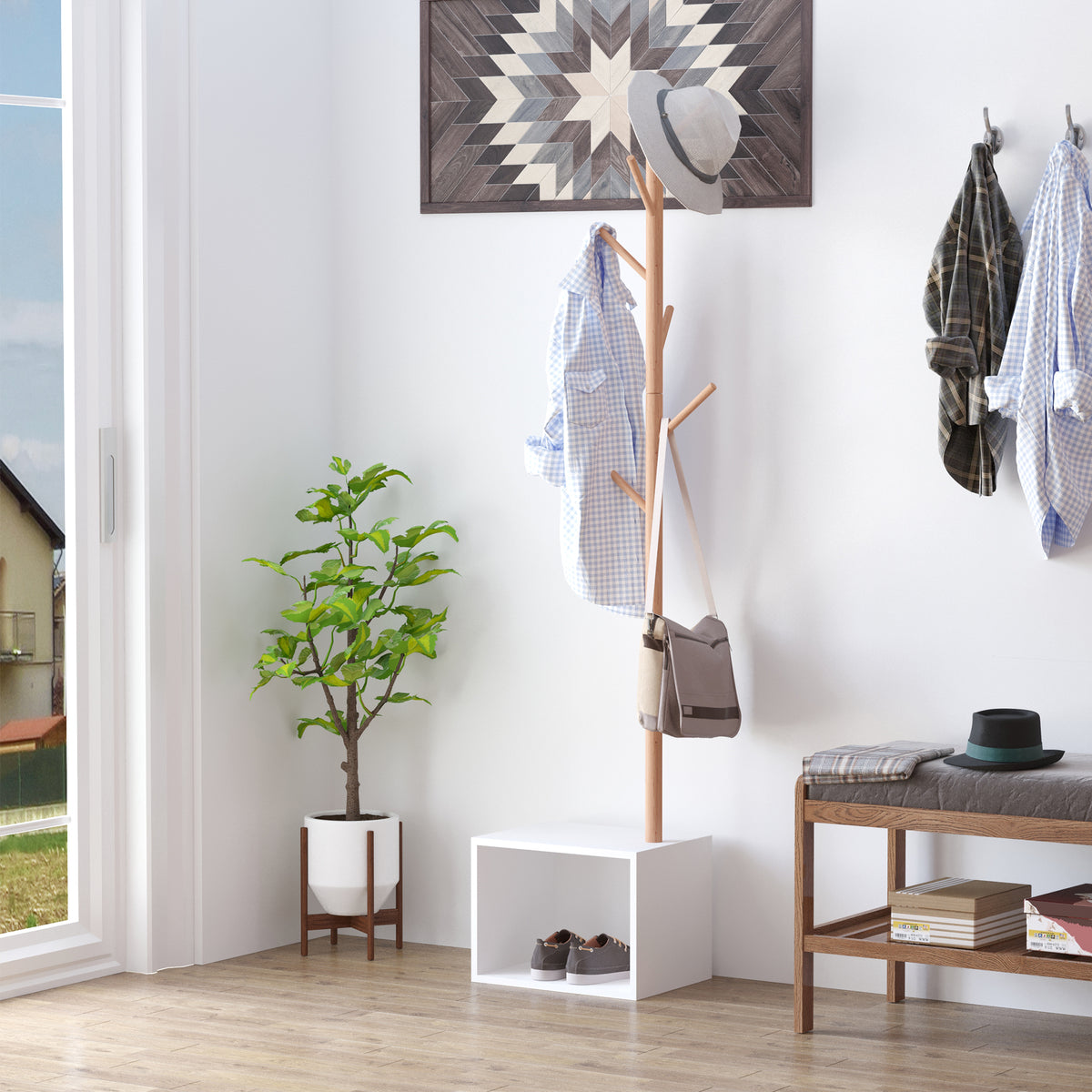 Meuble rangement porte-manteaux 2 en 1 cosy 40L x 30l x 180H cm MDF blanc bois massif bambou-1
