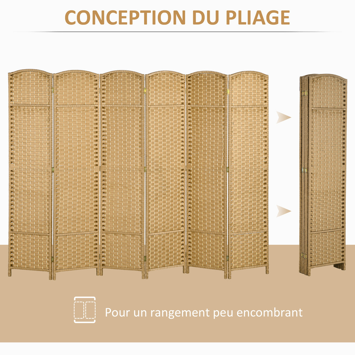 Paravent interieur en bois 6 panneaux 240 x 170 cm séparateur de pièce pliable pour salon, chambre à coucher, naturel-4