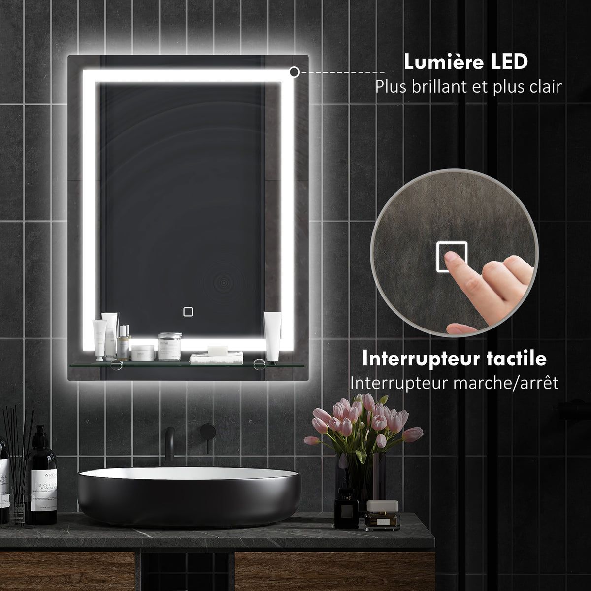 Miroir lumineux LED mural de salle de bain avec étagère intégrée 3 couleurs luminosité réglable interrupteur tactile-3