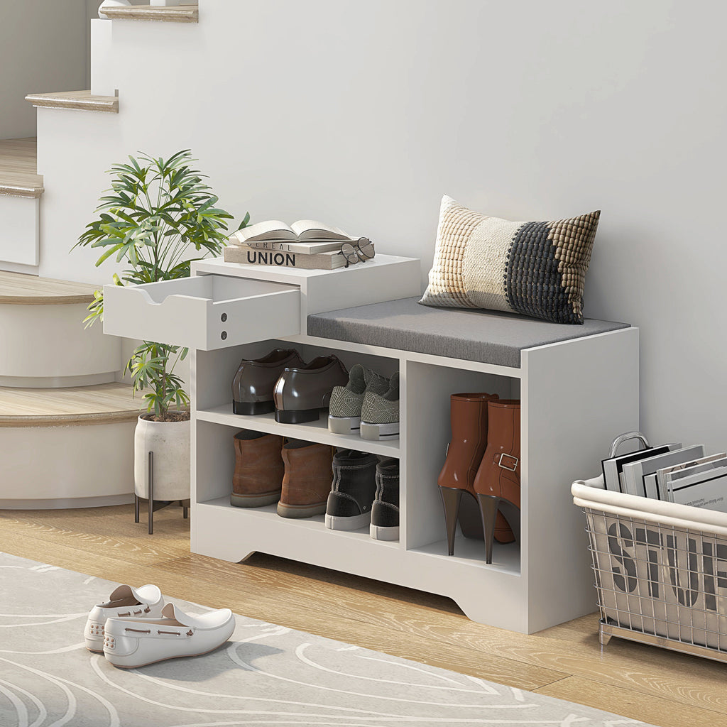 Meuble et banc à chaussures 1 tiroir et 3 compartiments, capacité 5 paires MDF, 76,5L x 30D x 52H cm-9