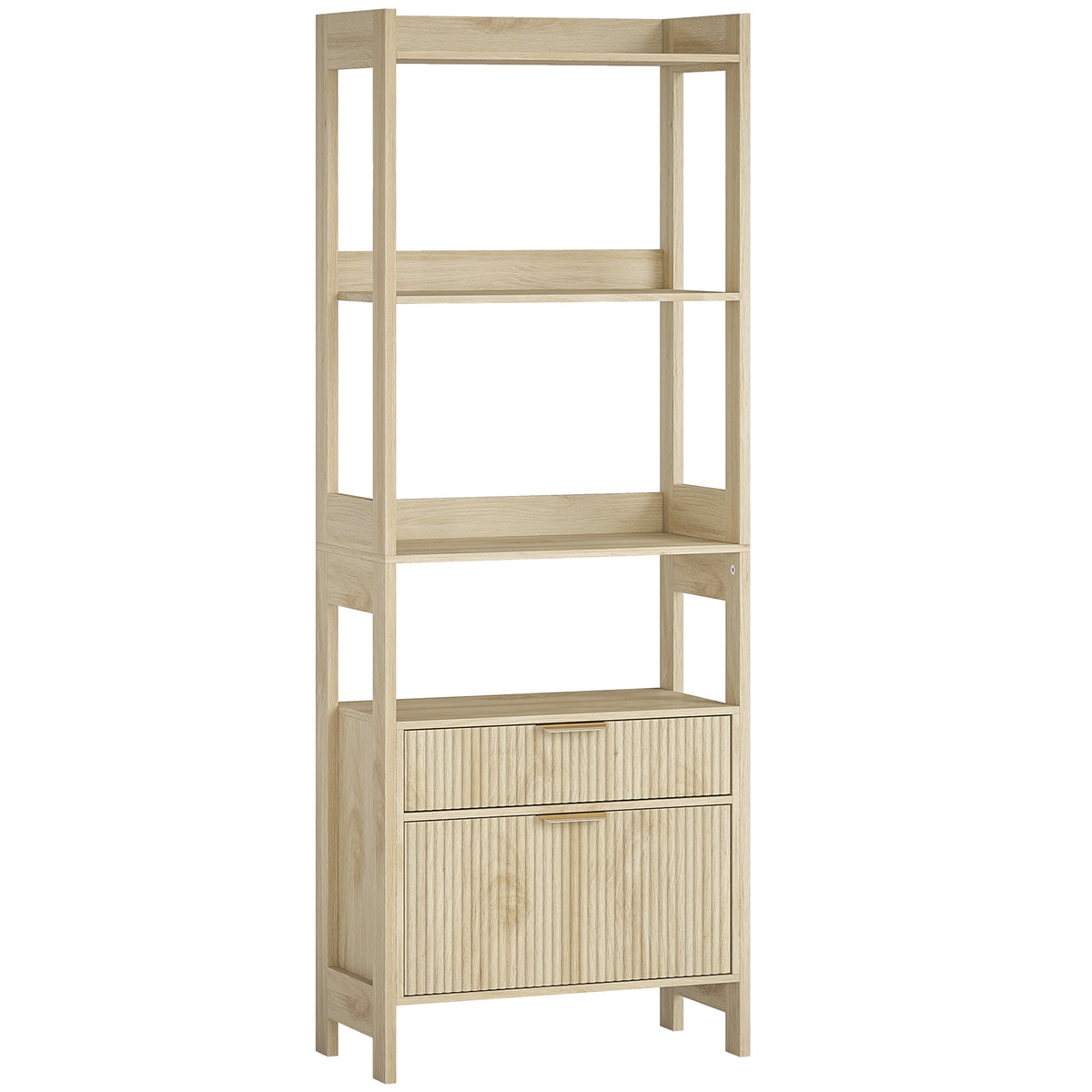 Bibliothèque haute, meuble de rangement avec 4 étagères ouvertes et 2 tiroirs cannelés, 60 x 30 x 160 cm, bois naturel-0