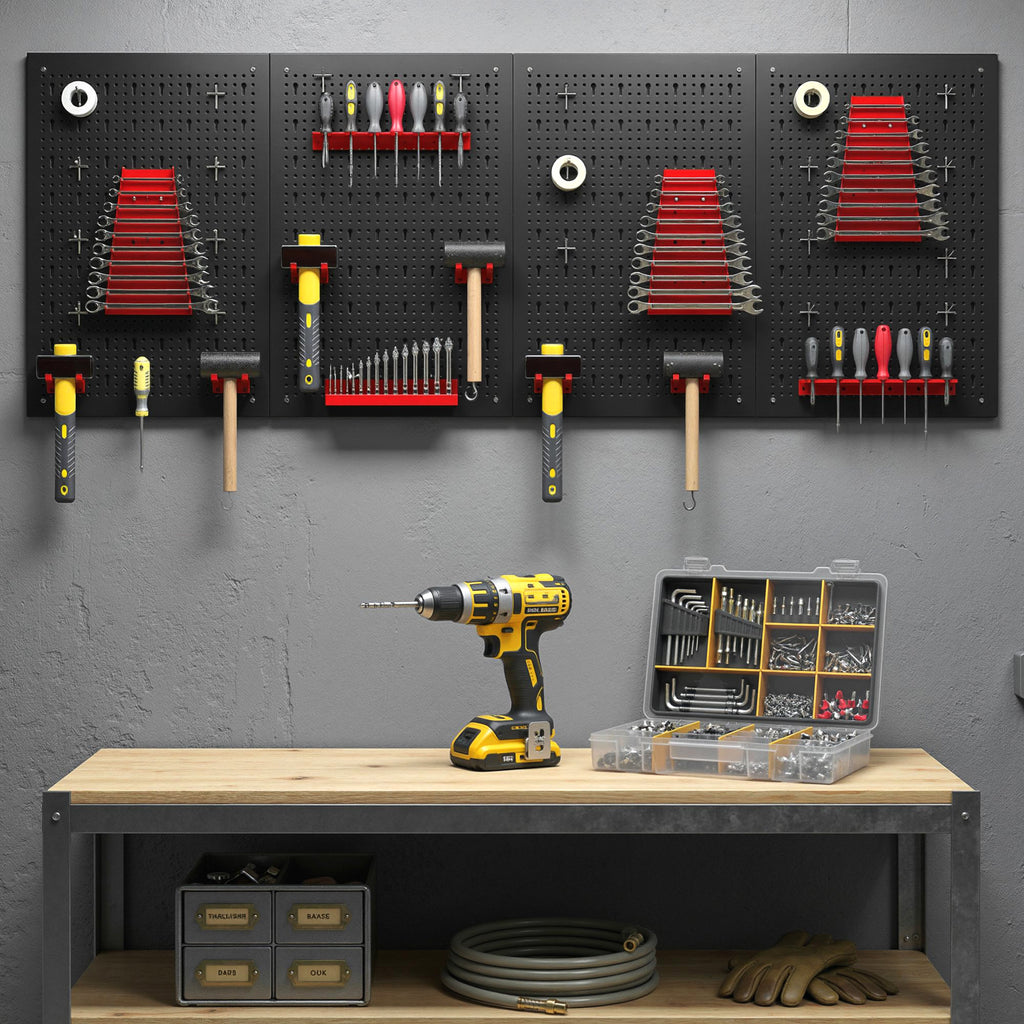 panneau perforé mural 600 x 400 mm, organiseur garage en acier avec 4 panneaux perforés, noir et rouge-6