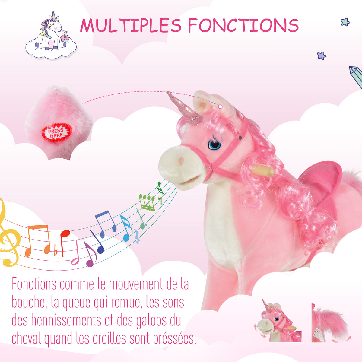 Cheval à Bascule modèle Licorne avec Sons Authentiques Selle Grand Confort Bois de peuplier Rose dim. L74 x l33 x 62H cm-4