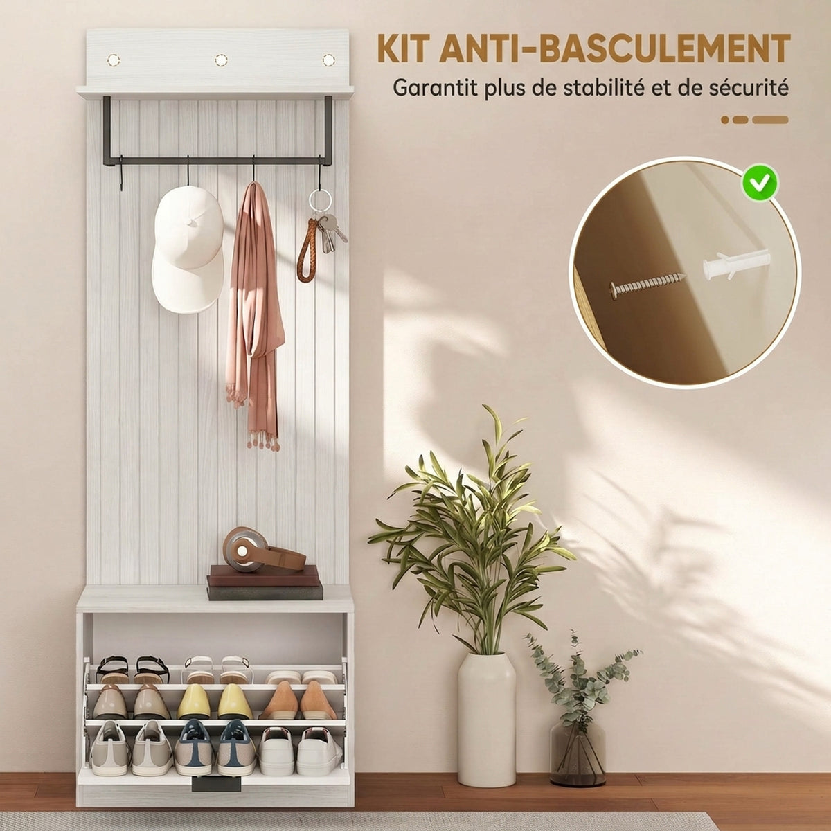 Porte-Manteau 5 en 1, Meuble d'Entrée, Banc à Chaussures, Tiroir Basculant, Étagères Réglables, 4 Crochets, Blanc-5