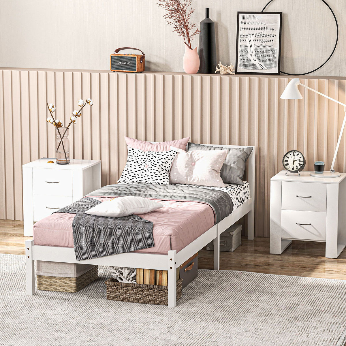Cadre de lit en bois massif 90x190 cm lit simple avec tête de lit et sommier à lattes solide pour enfants adultes-9