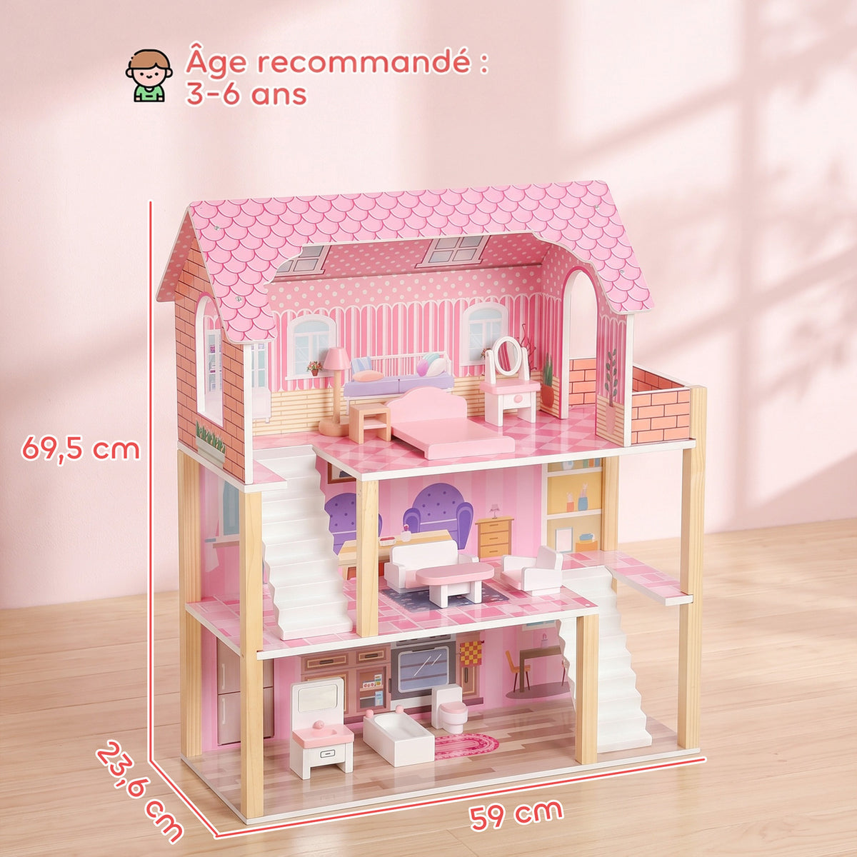 Maison de Poupée en Bois pour Enfants, Maison de Rêve Filles à 3 Étages avec Balcon, Escaliers et 10 Accessoires, Rose-2
