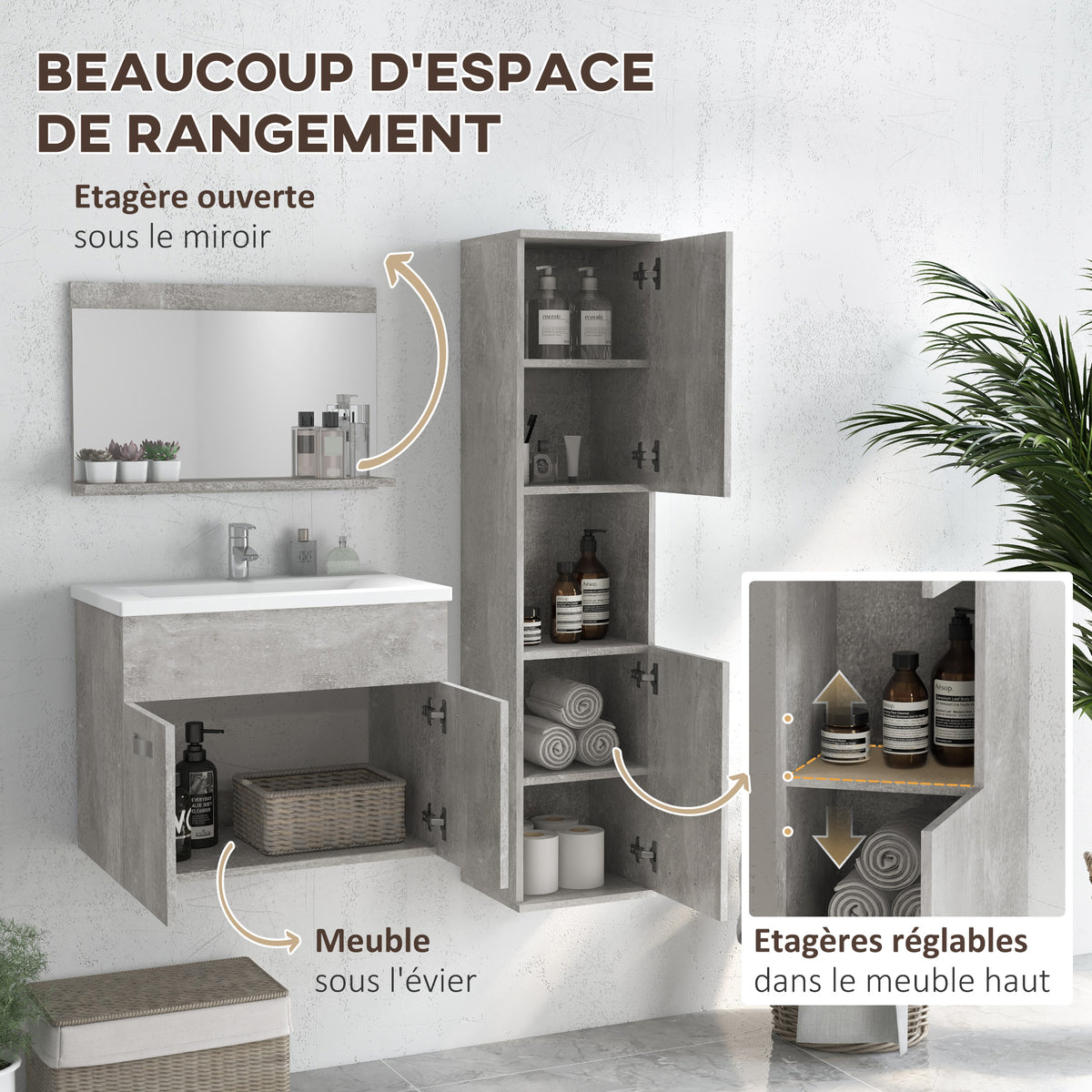 Ensemble de Meubles de Salle de Bain 4 Pièces, Mural, avec Miroir, Meuble sous Vasque, Lavabo et Armoire Haute, gris-5